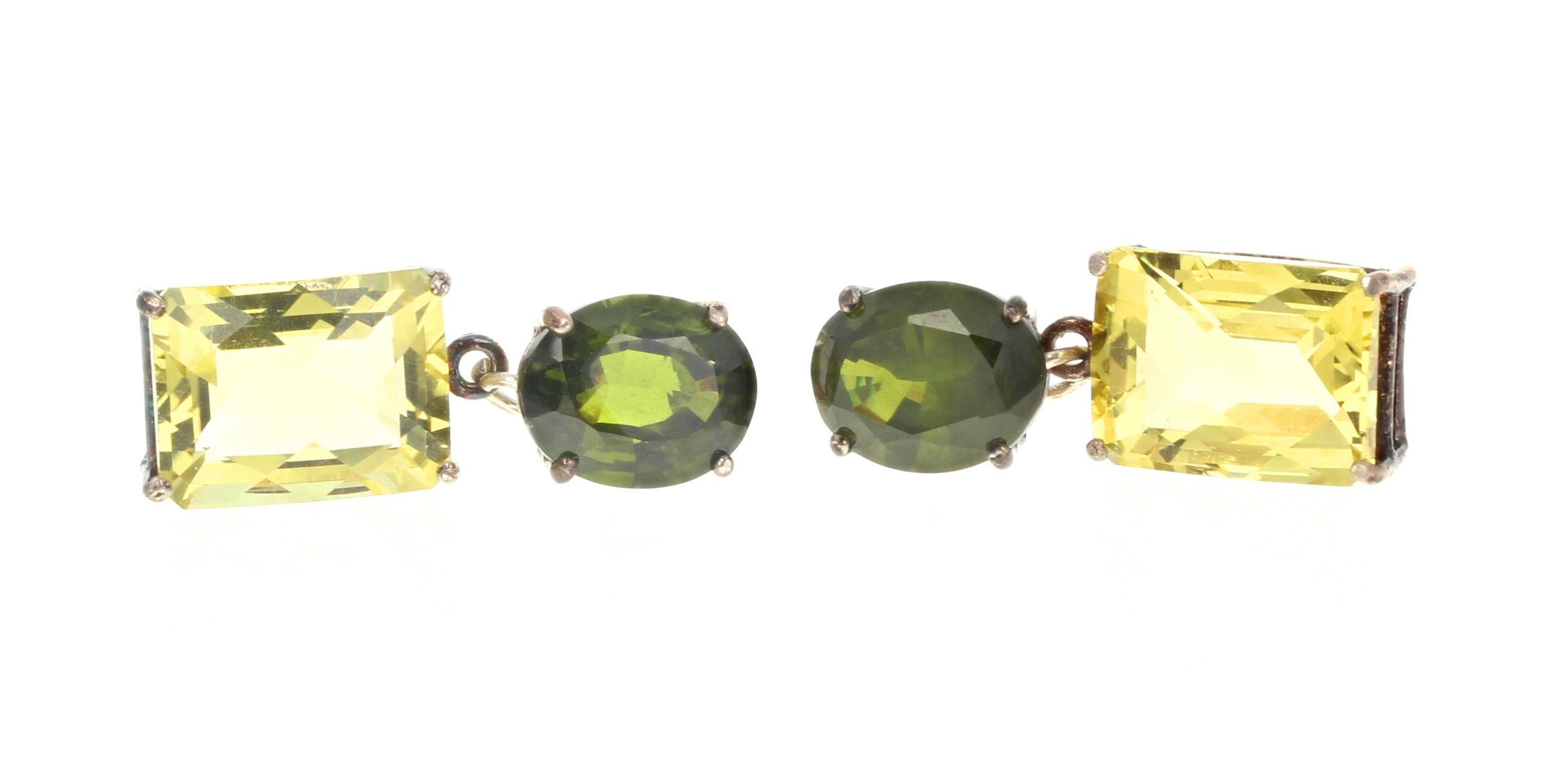 These fascinating real natural rare green oval Zircons are 8.77 carats total (10 1/2mm x 8 1/2mm) and the beautiful cushion cut natural Lemon Quartz total 15 carats (13mm x 9.8mm).  They hang approximately 27mm in these sterling silver easy to use