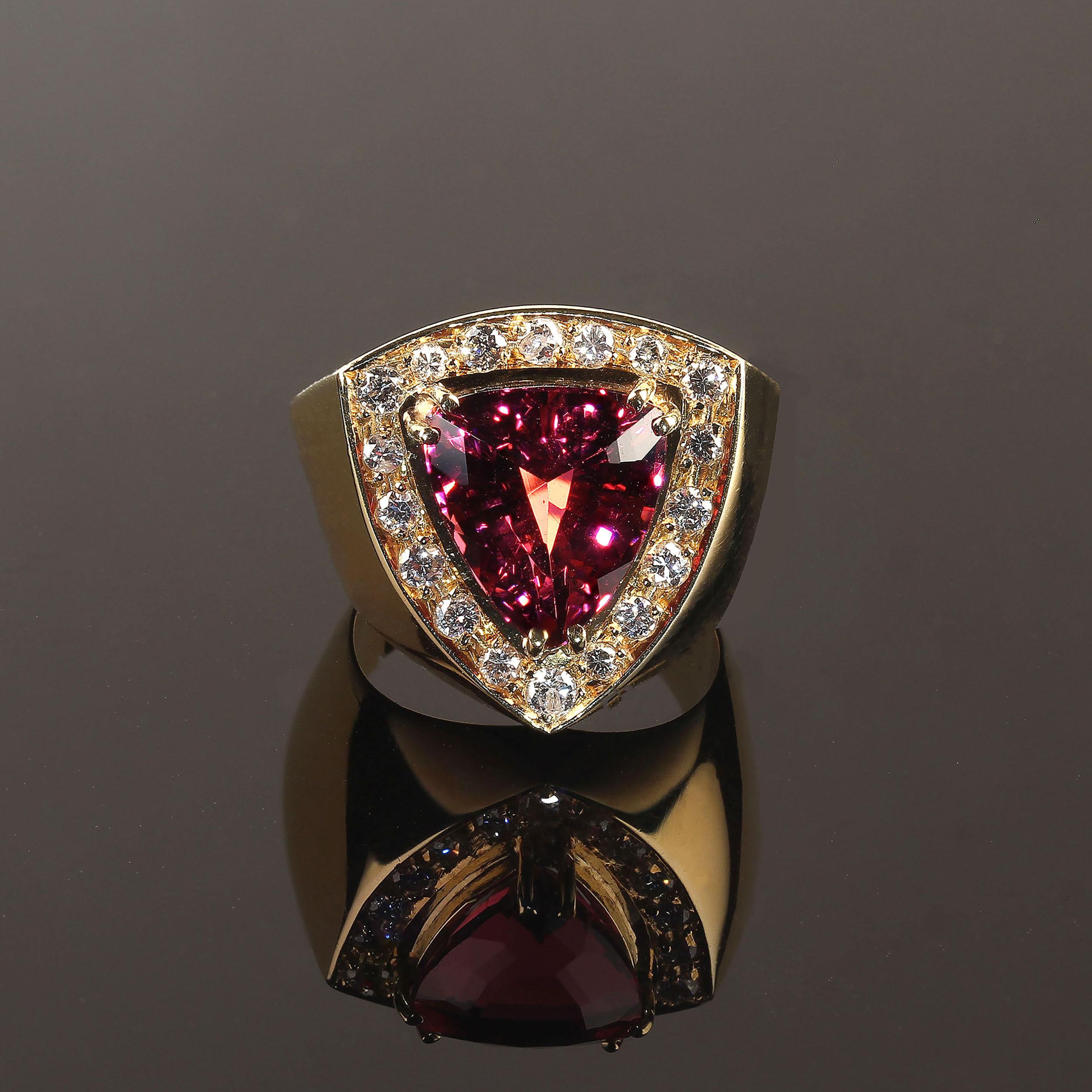 Trillion Cut AJD Magnificent Rubelite and Diamond  18K  Gold Cocktail Ring For Sale