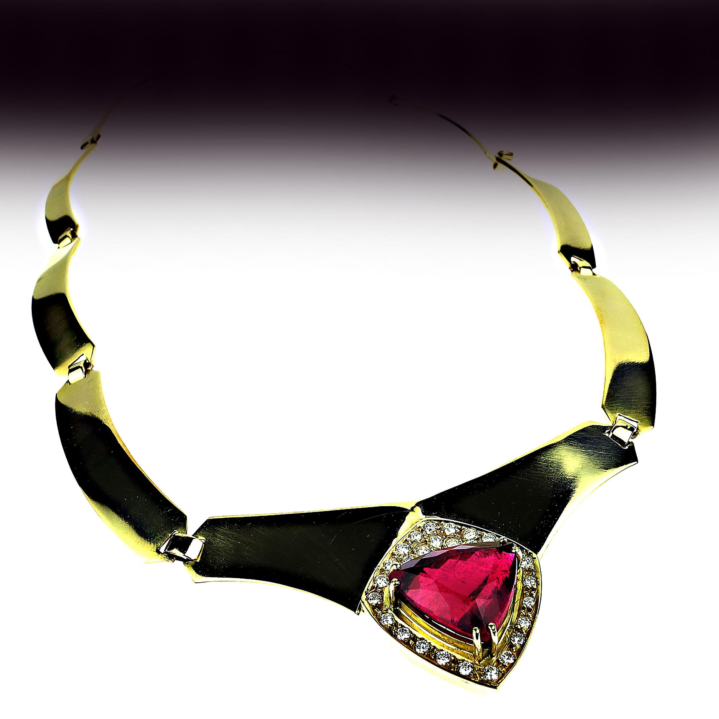 AJD Magnificent Rubelite and Diamond Collar in Rich 18 Karat Yellow Gold In New Condition For Sale In Raleigh, NC