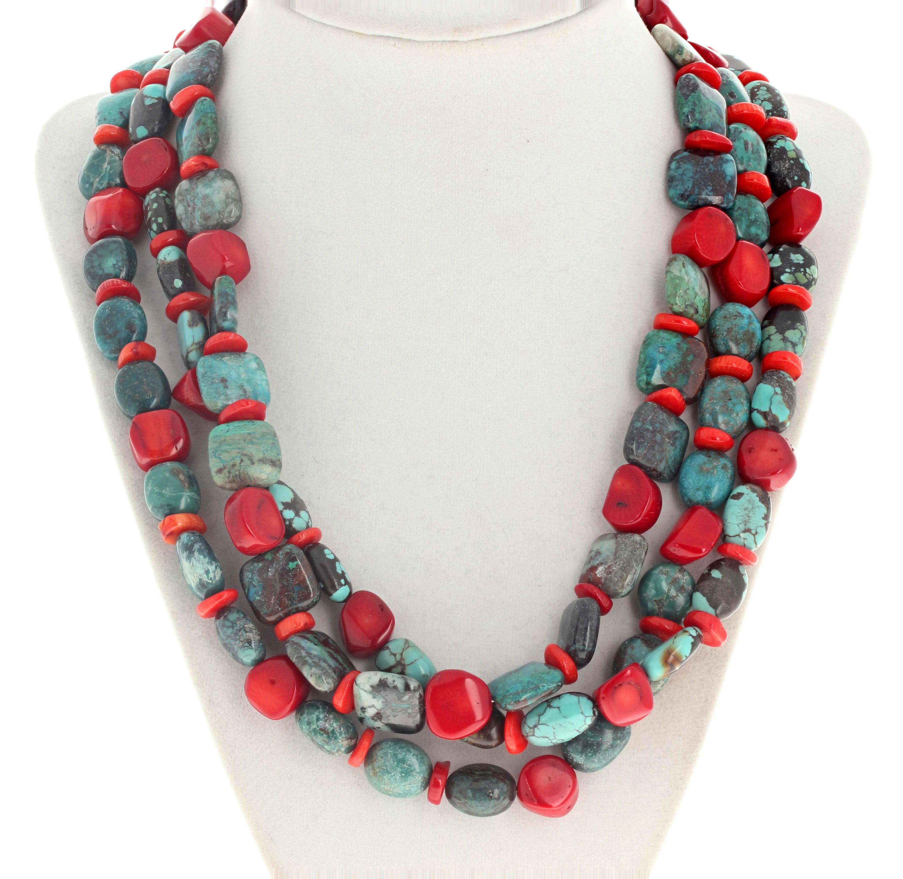 Mixed Cut AJD Magnificent Triple Strand of Real Turquoise & Real Coral 20