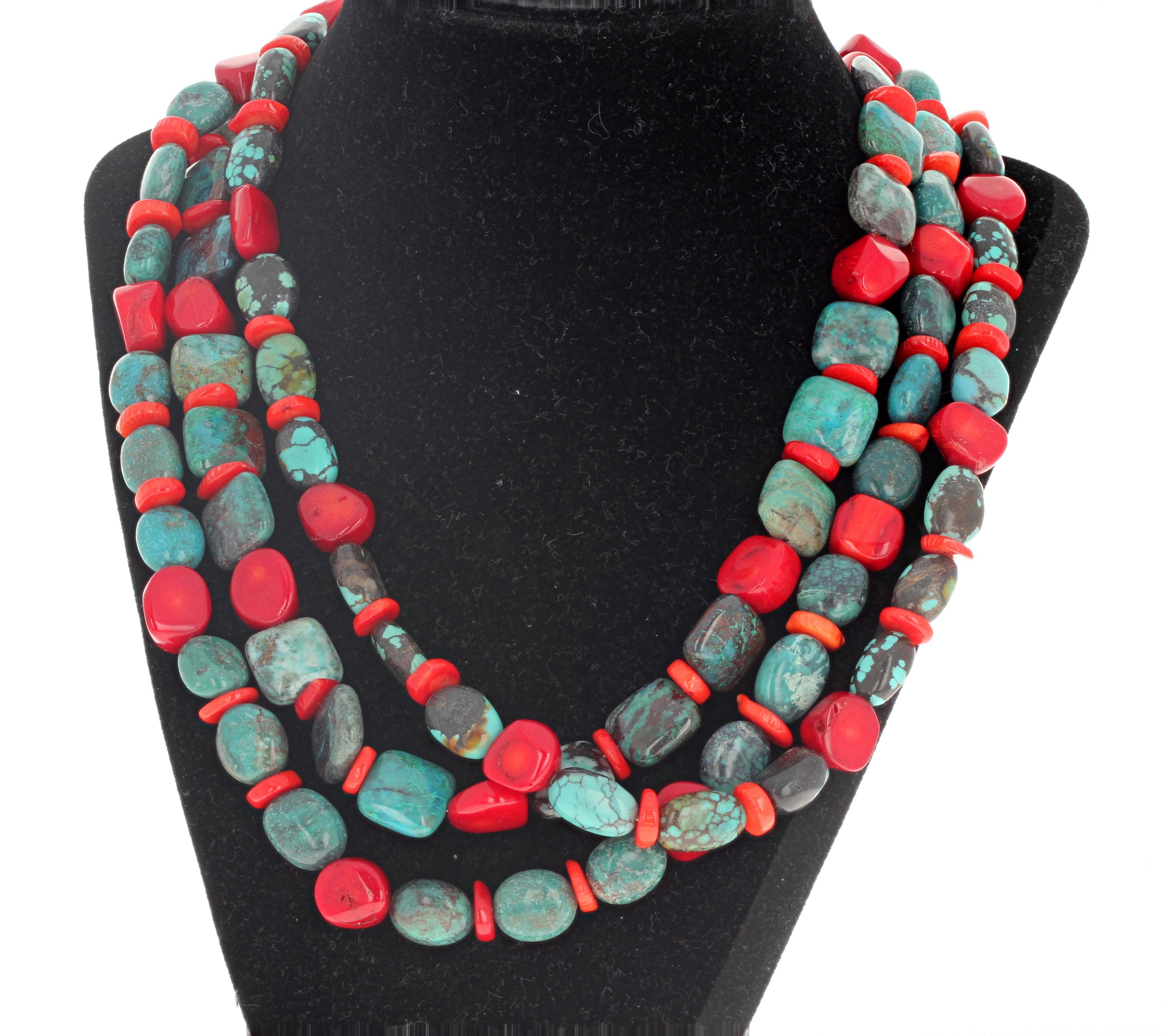 AJD Magnificent Triple Strand of Real Turquoise & Real Coral 20