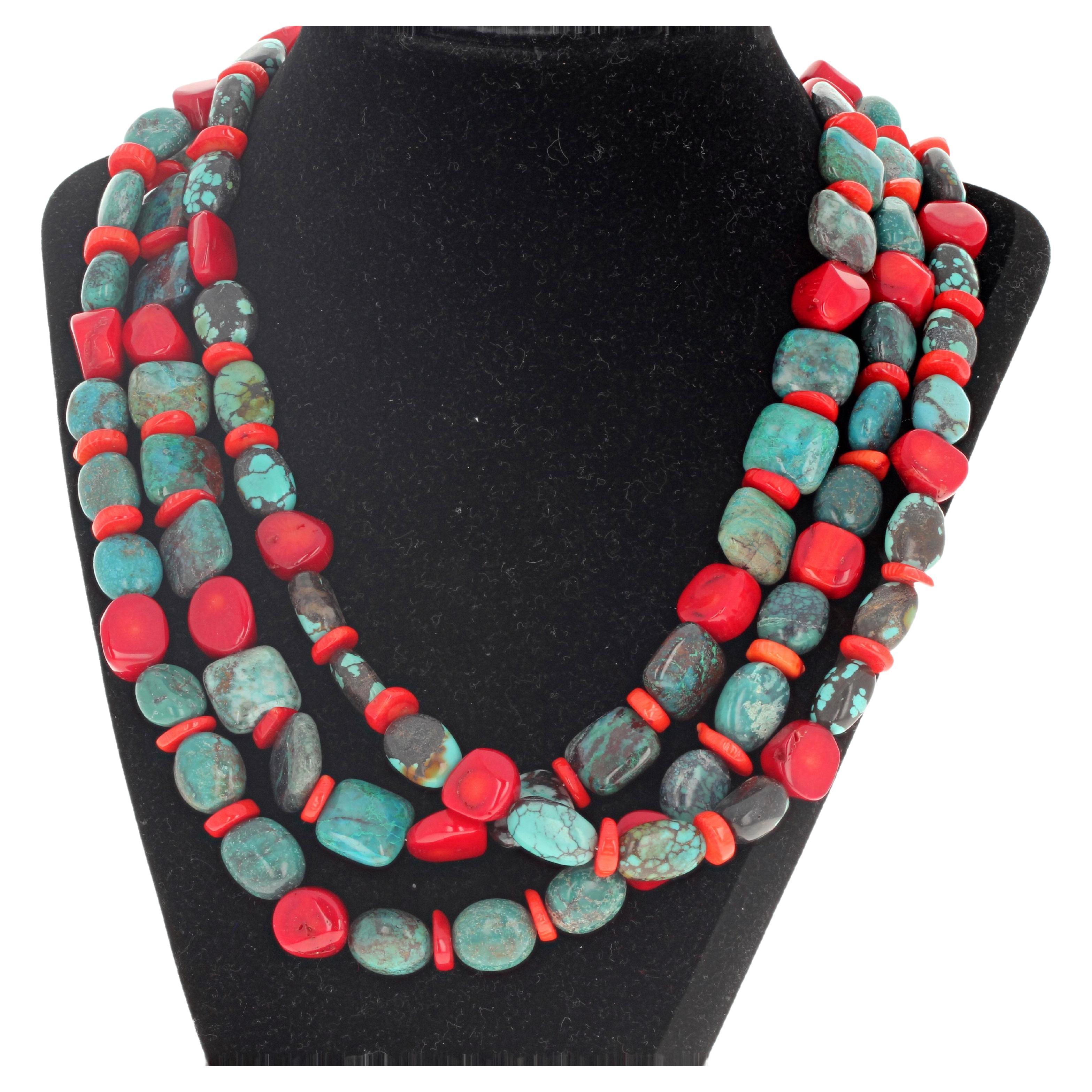 AJD Magnificent Triple Strand of Real Turquoise & Real Coral 20" Necklace