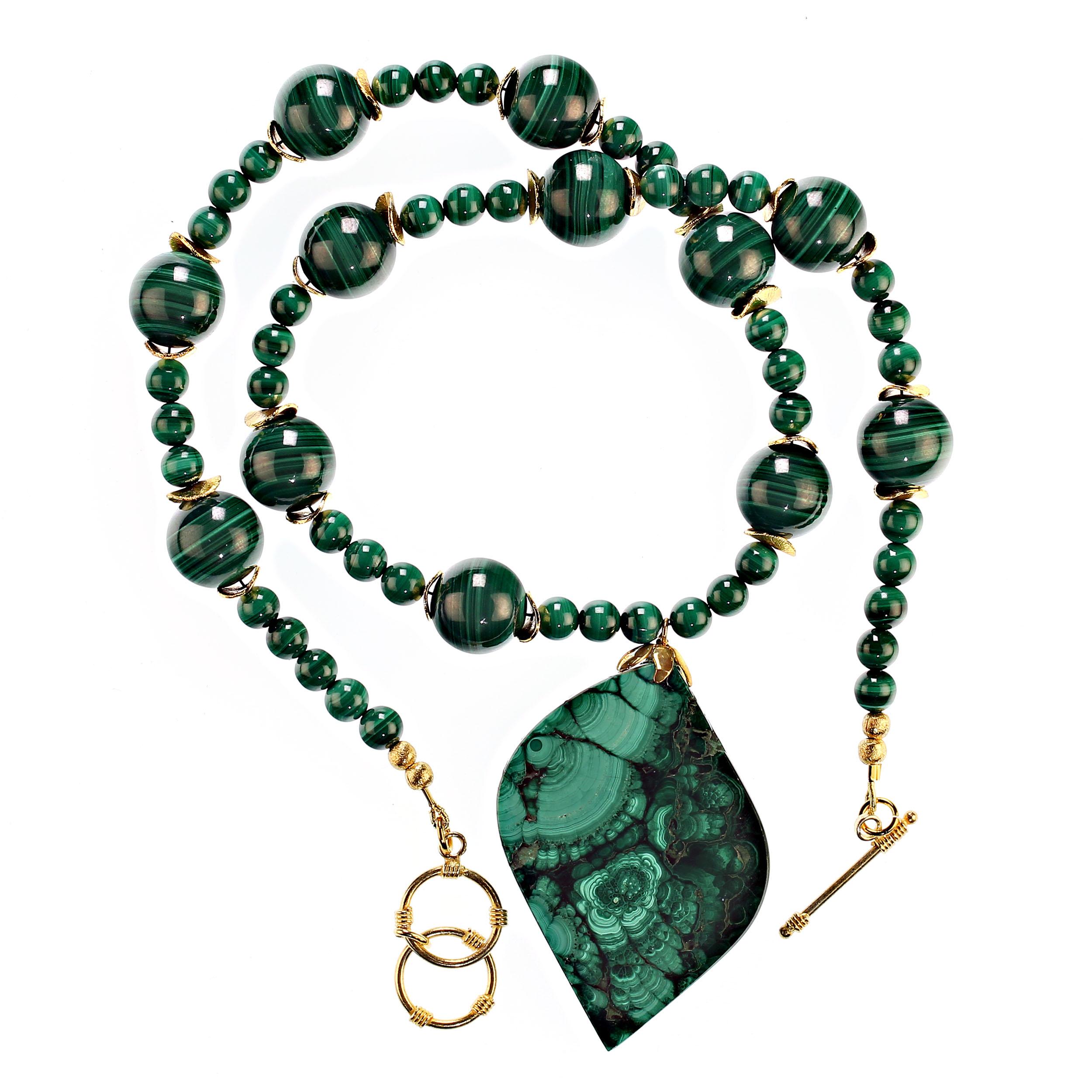 Bead AJD Marvelous Malachite 22-inch necklace & Freeform pendant    For Sale