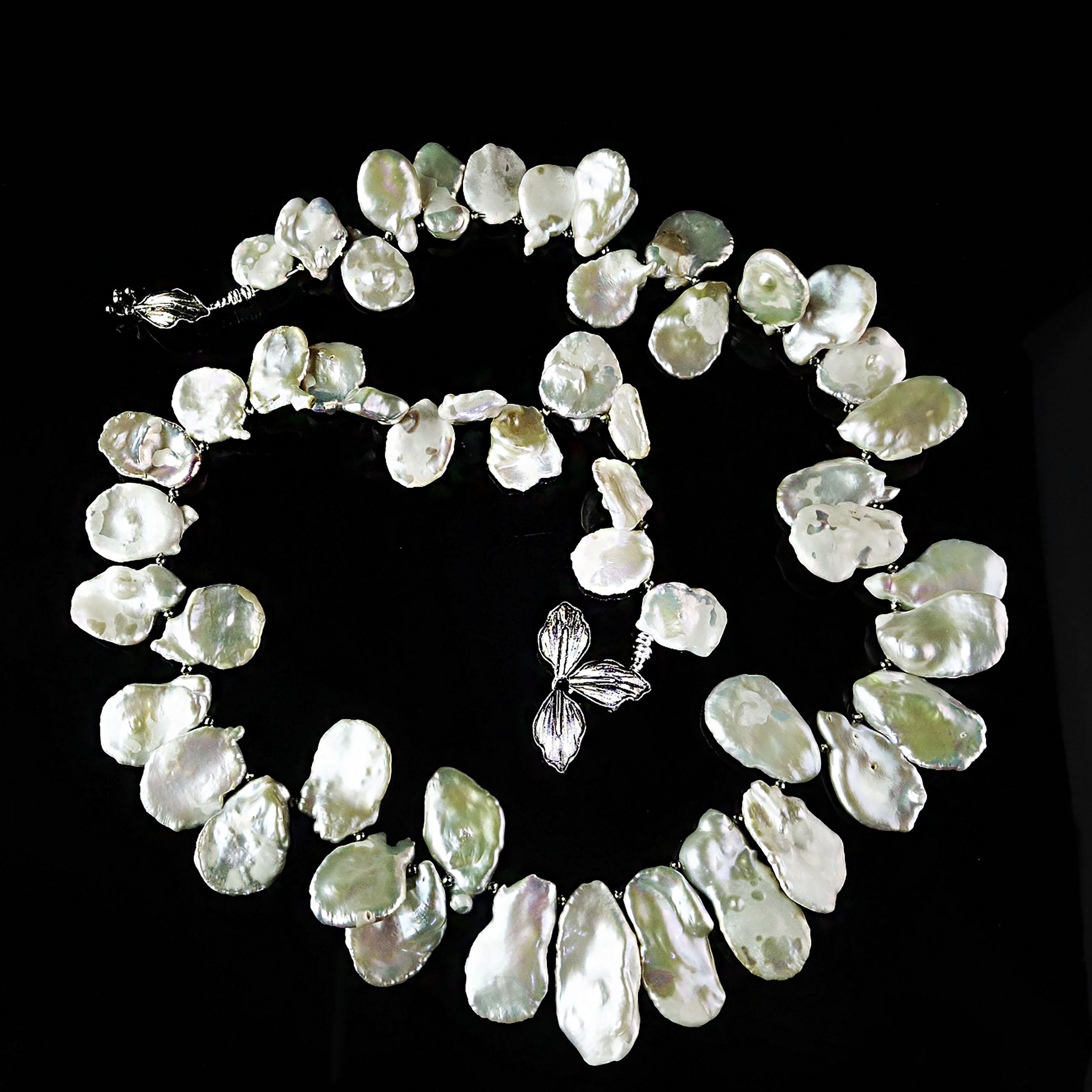 AJD Matinee Length, White, Iridescent Keshi Pearl Necklace June Birthstone In New Condition In Raleigh, NC