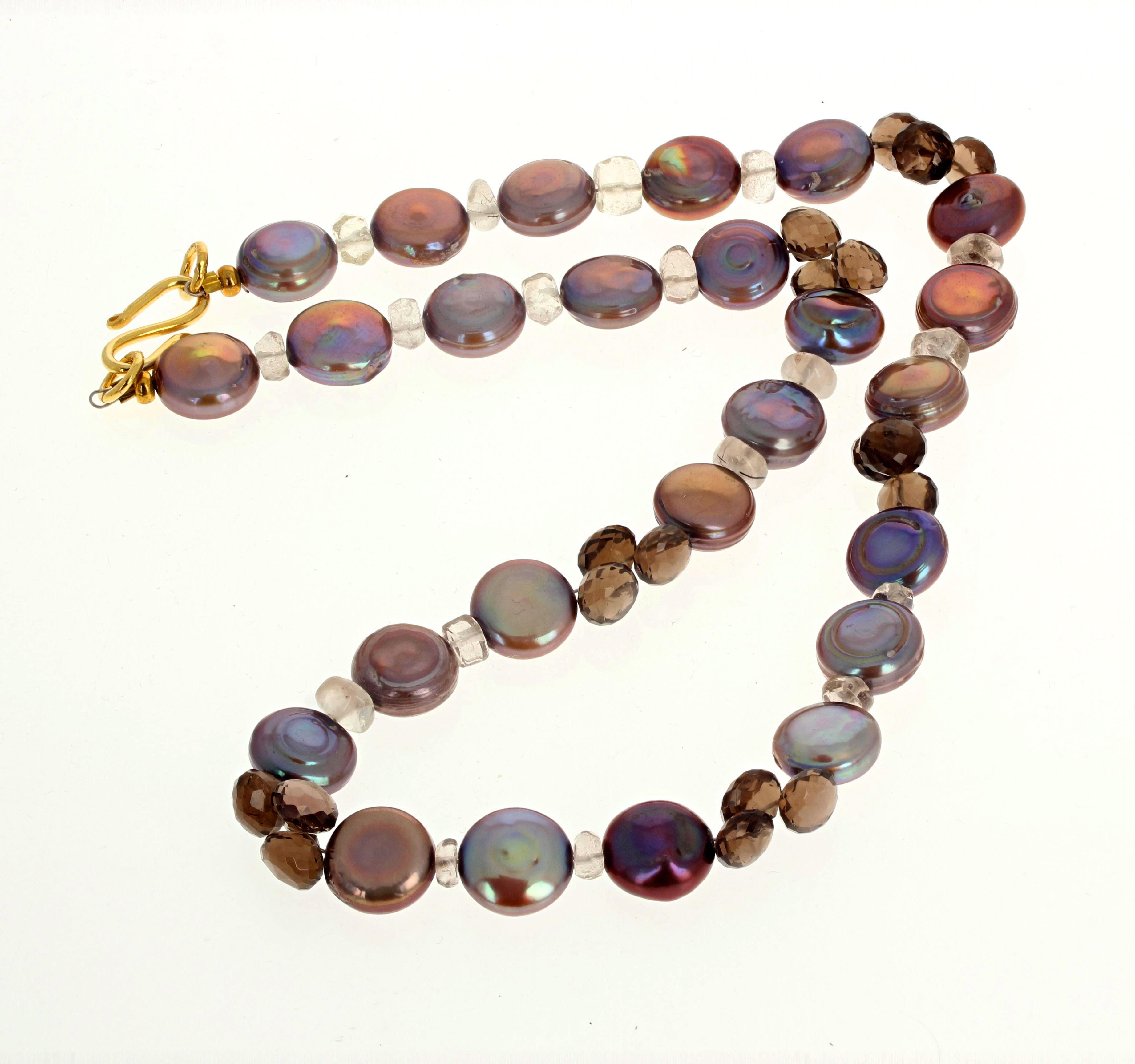 Mixed Cut AJD Multi-Color Coin Pearls & Smoky Quartz Gemstone Necklace For Sale