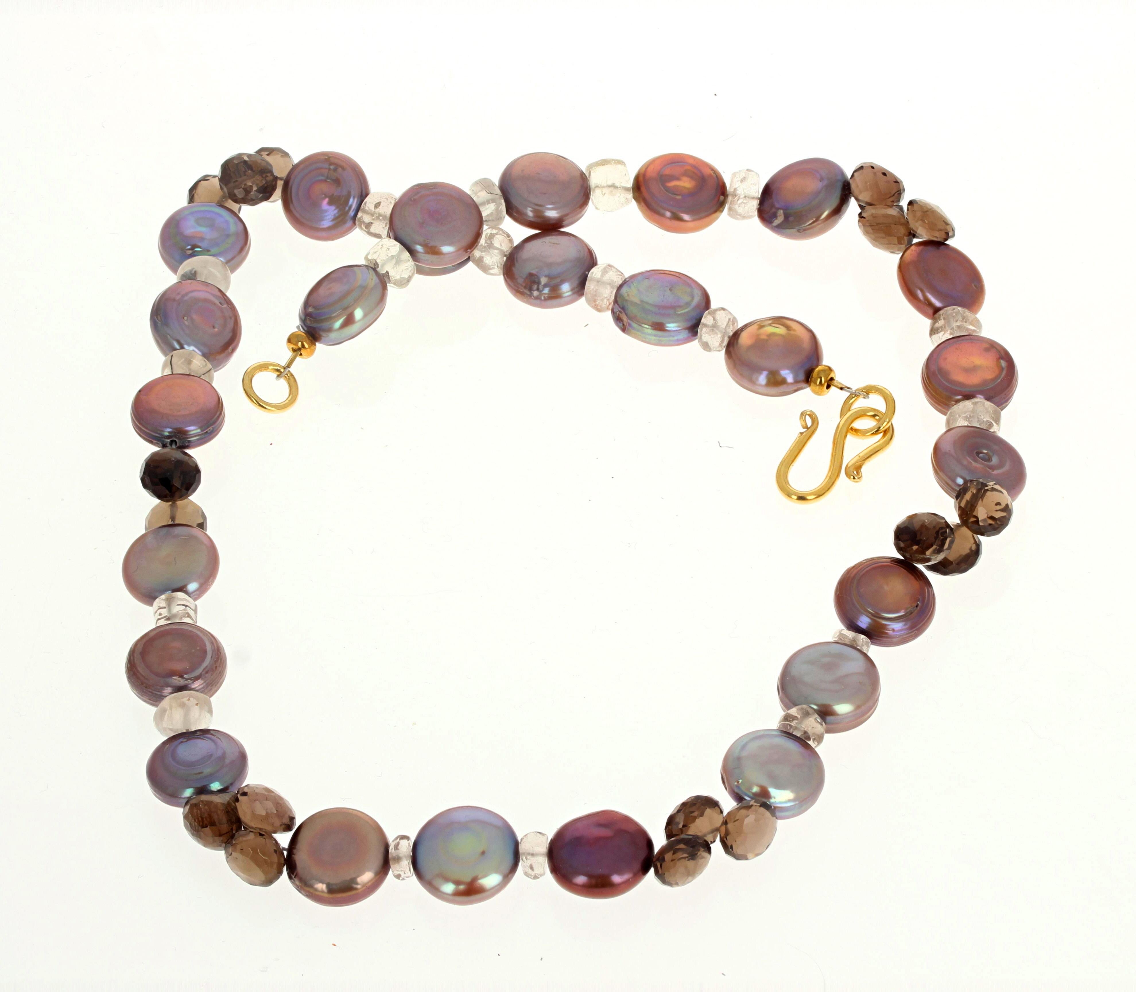AJD Multi-Color Coin Pearls & Smoky Quartz Gemstone Necklace In New Condition For Sale In Raleigh, NC