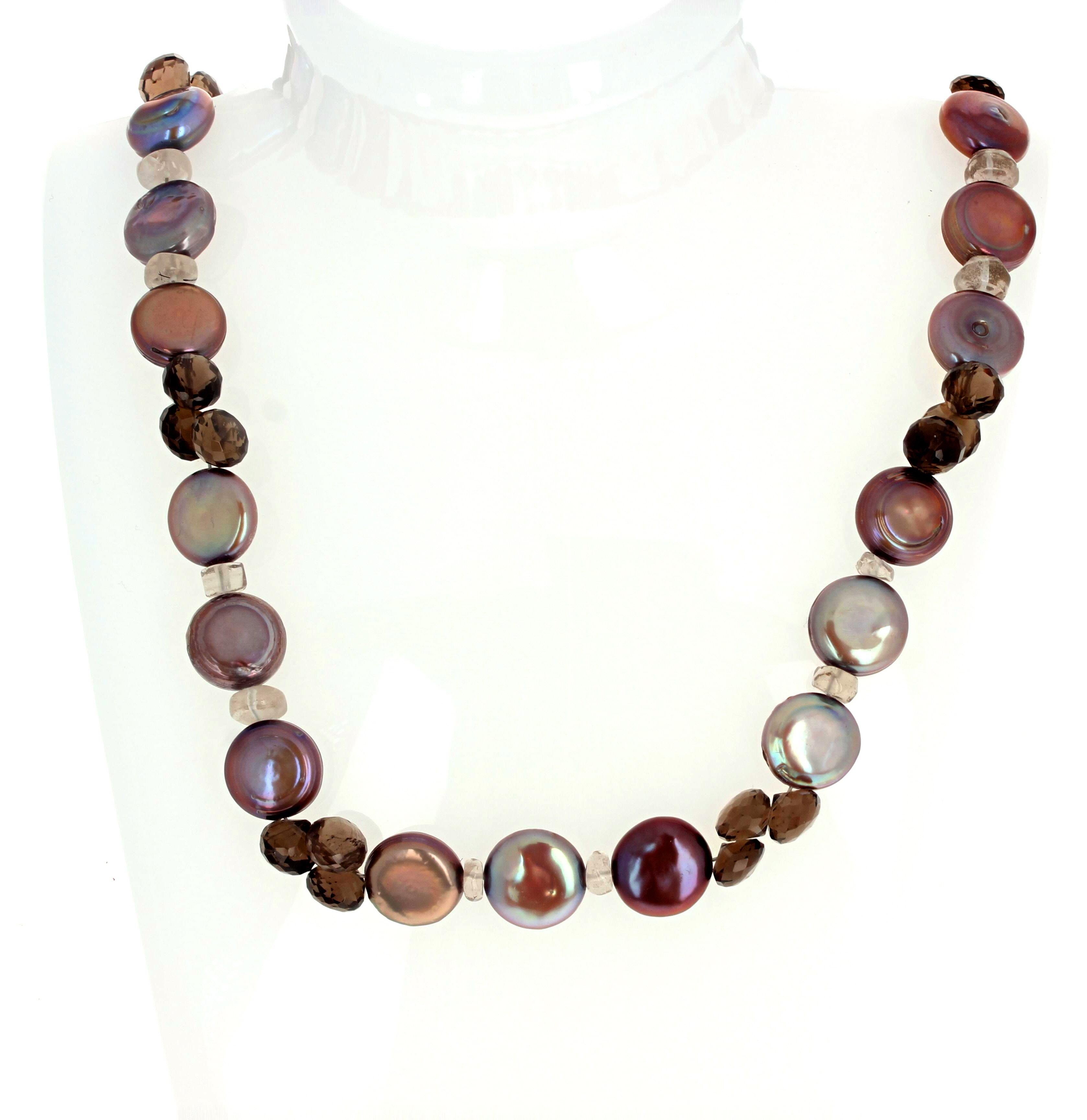 Women's or Men's AJD Multi-Color Coin Pearls & Smoky Quartz Gemstone Necklace For Sale