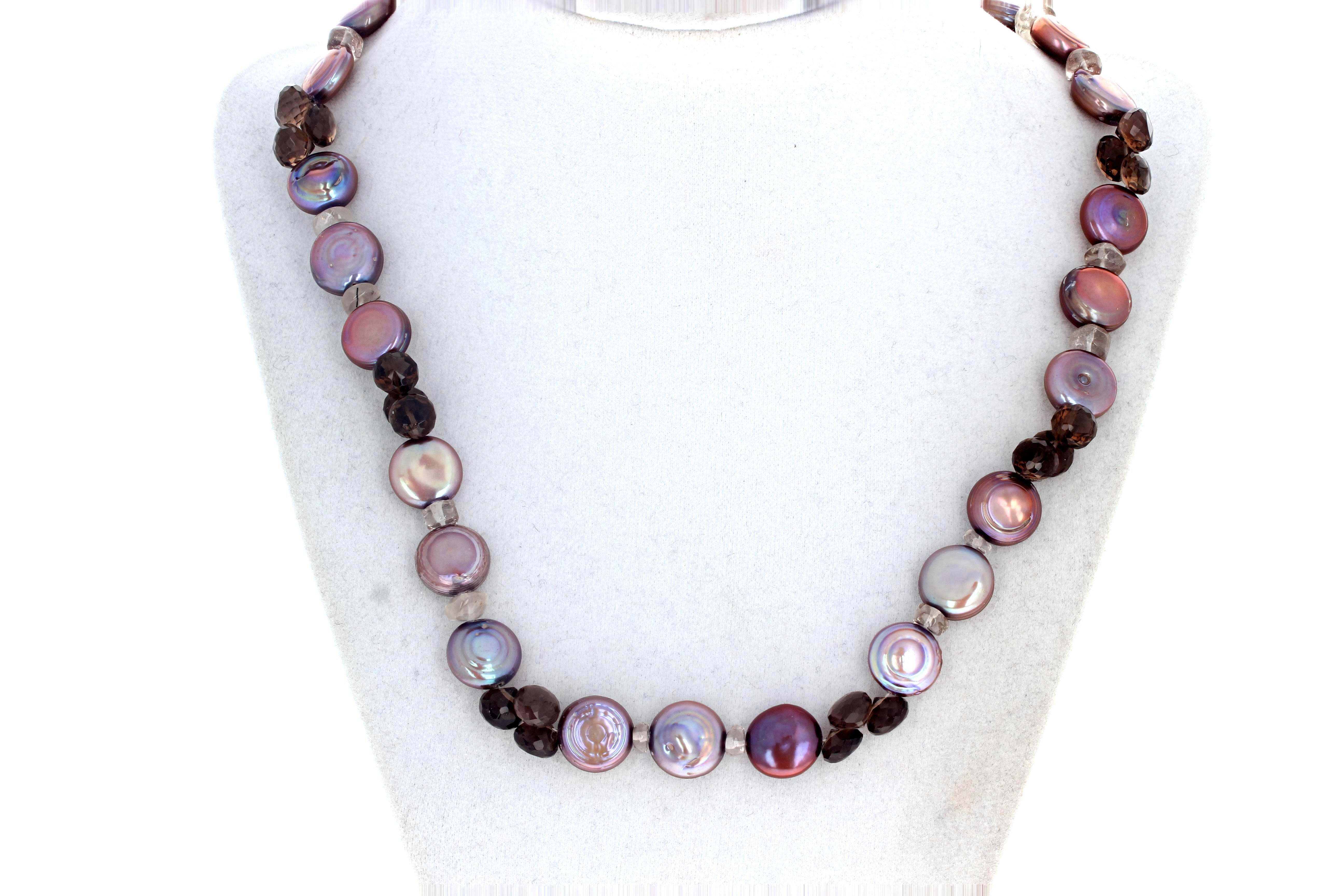 AJD Multi-Color Coin Pearls & Smoky Quartz Gemstone Necklace For Sale 1