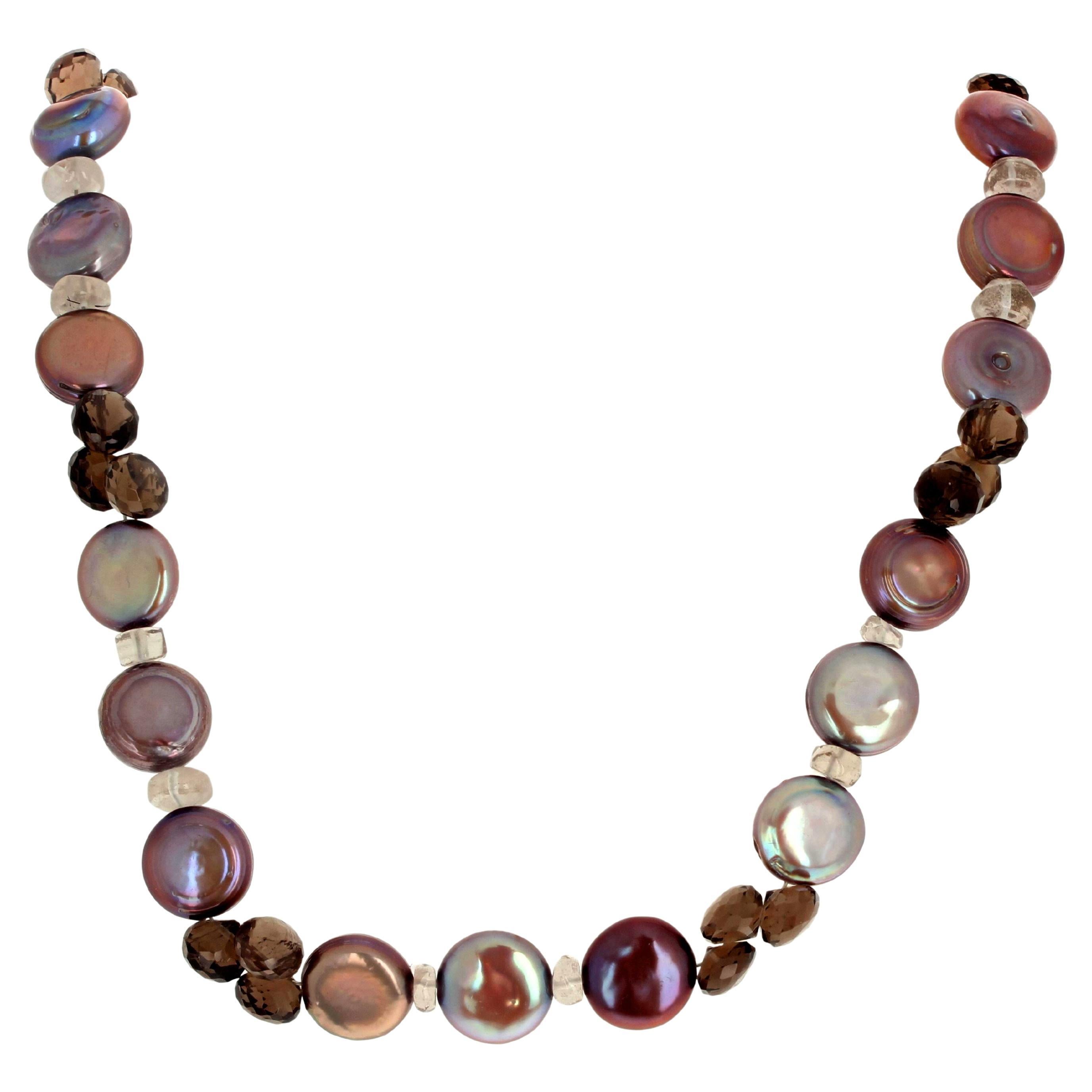 AJD Multi-Color Coin Pearls & Smoky Quartz Gemstone Necklace For Sale