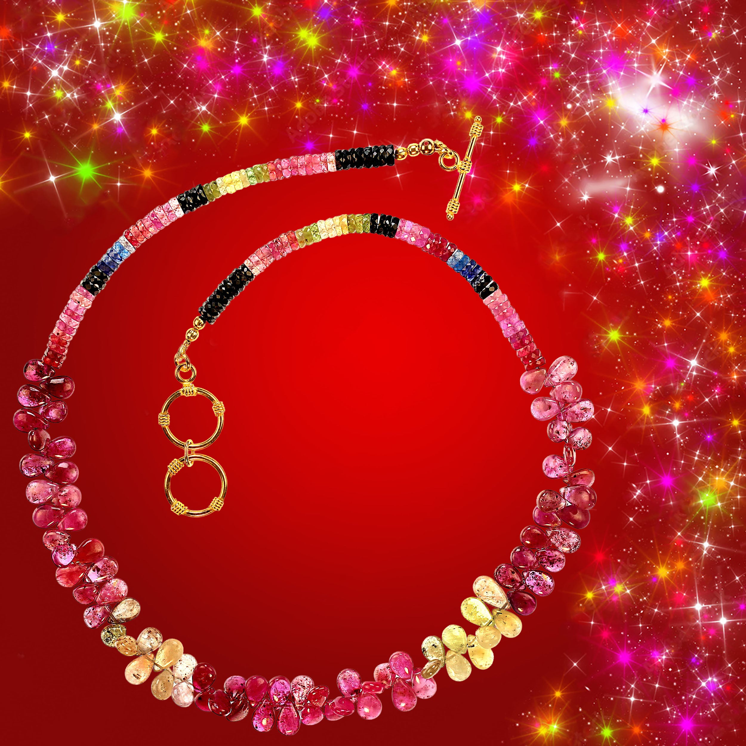 AJD Multi Color Sapphires Briolette und Runde 18 Zoll Halskette