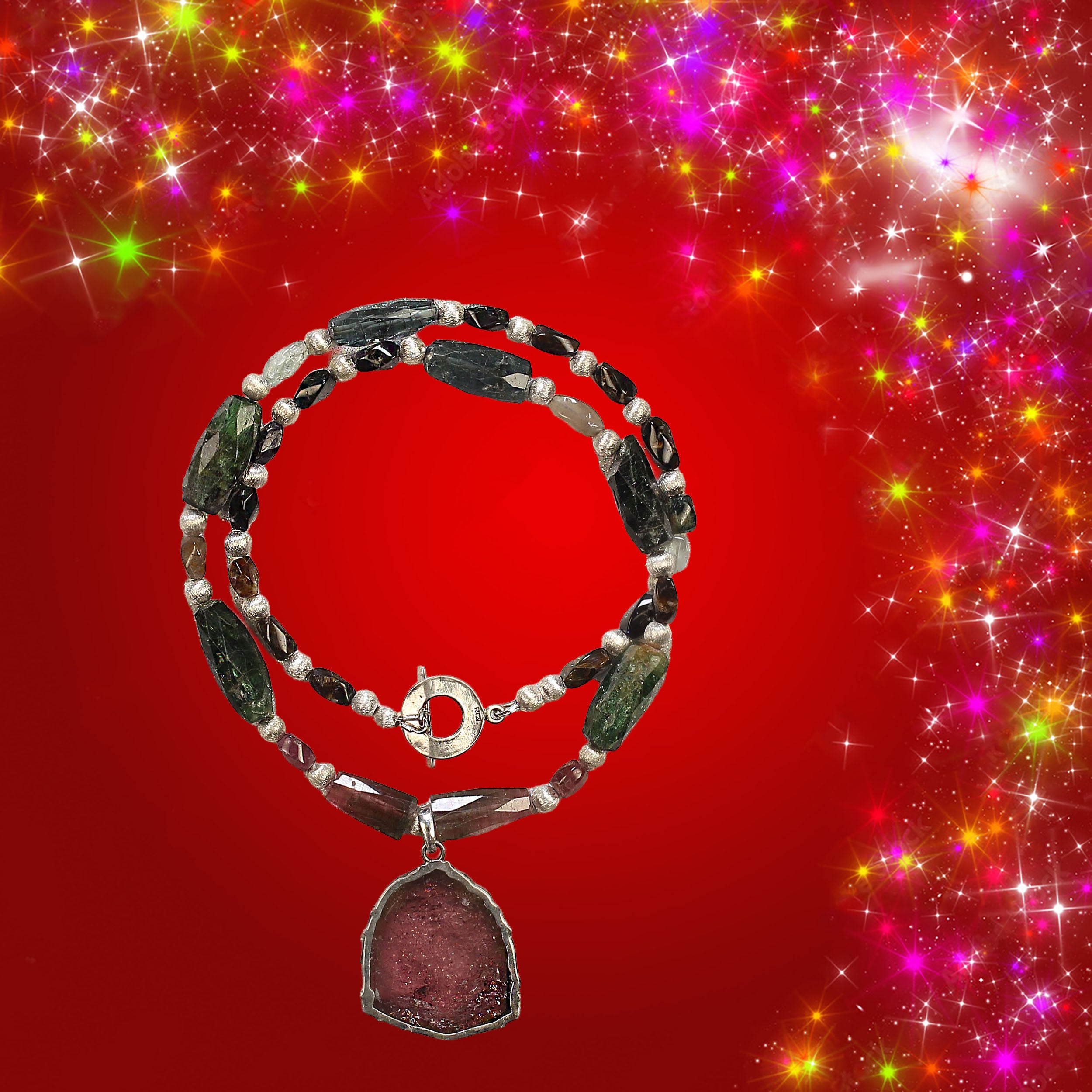 AJD Collana con tormalina multicolore e ciondolo a fetta di anguria in vendita