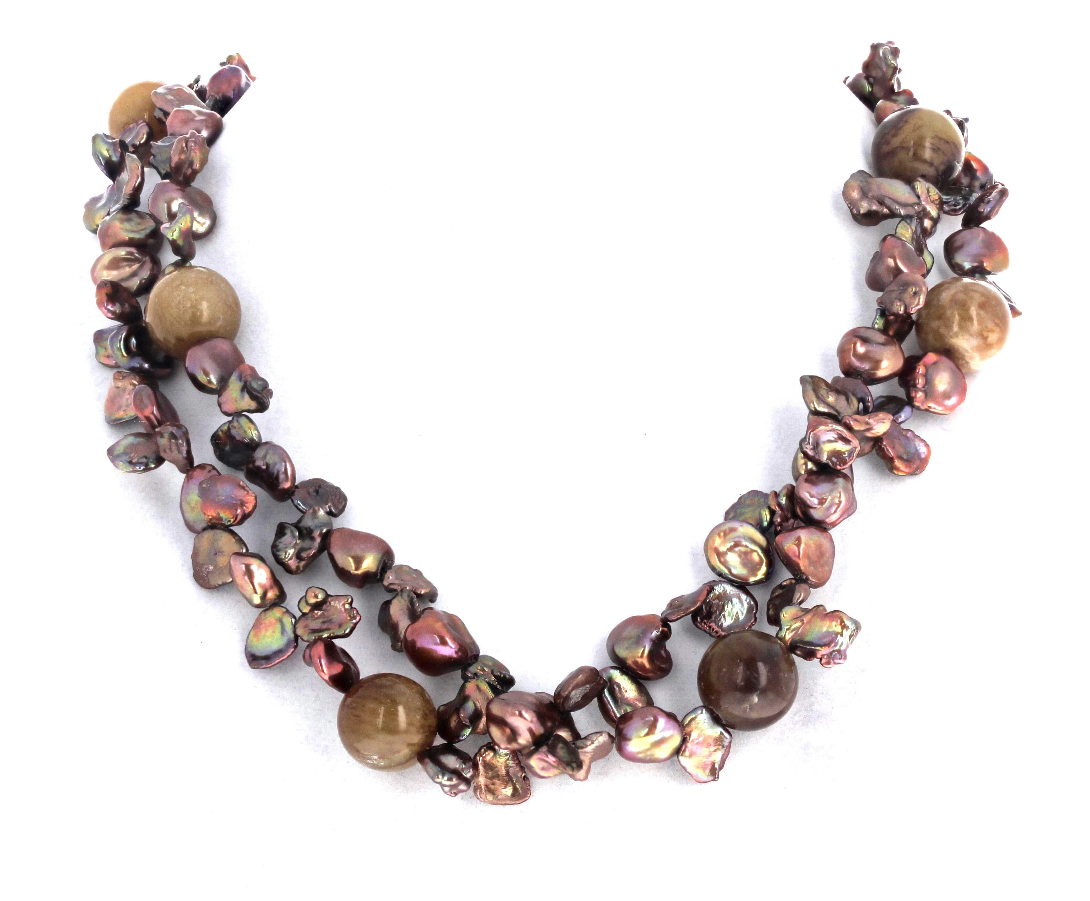 AJD Collana a doppio filo con conchiglie di perle multicolori e opale tondo grande da 20
