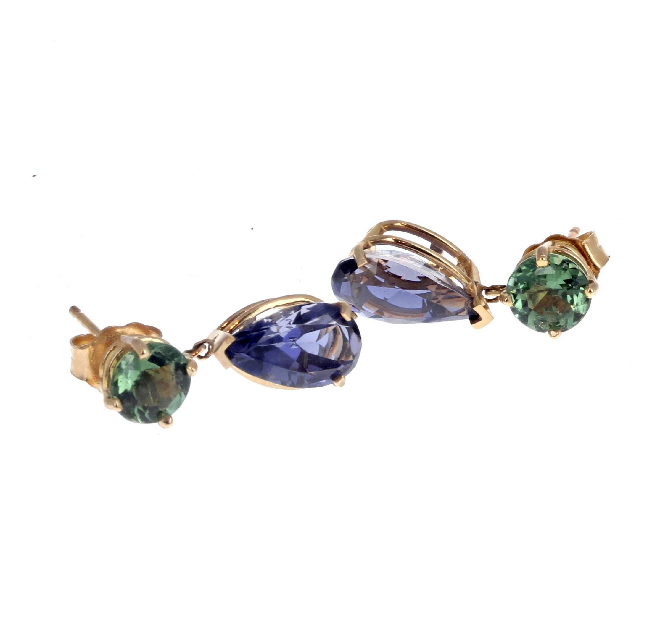 Mixed Cut AJD Natural Glittering Iolite & Green Tourmaline Stud Gold Earrings For Sale