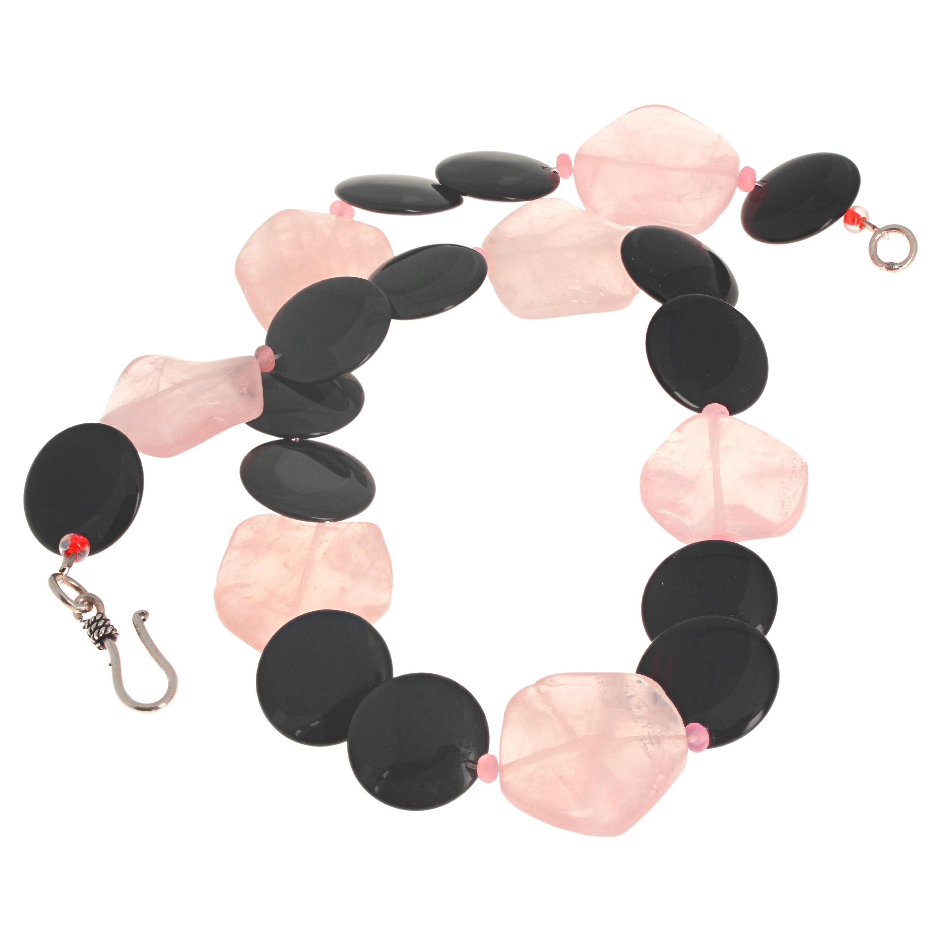 AJD Natural Pinky Rose Quartz & Natural Black Onyx 20" Necklace For Sale