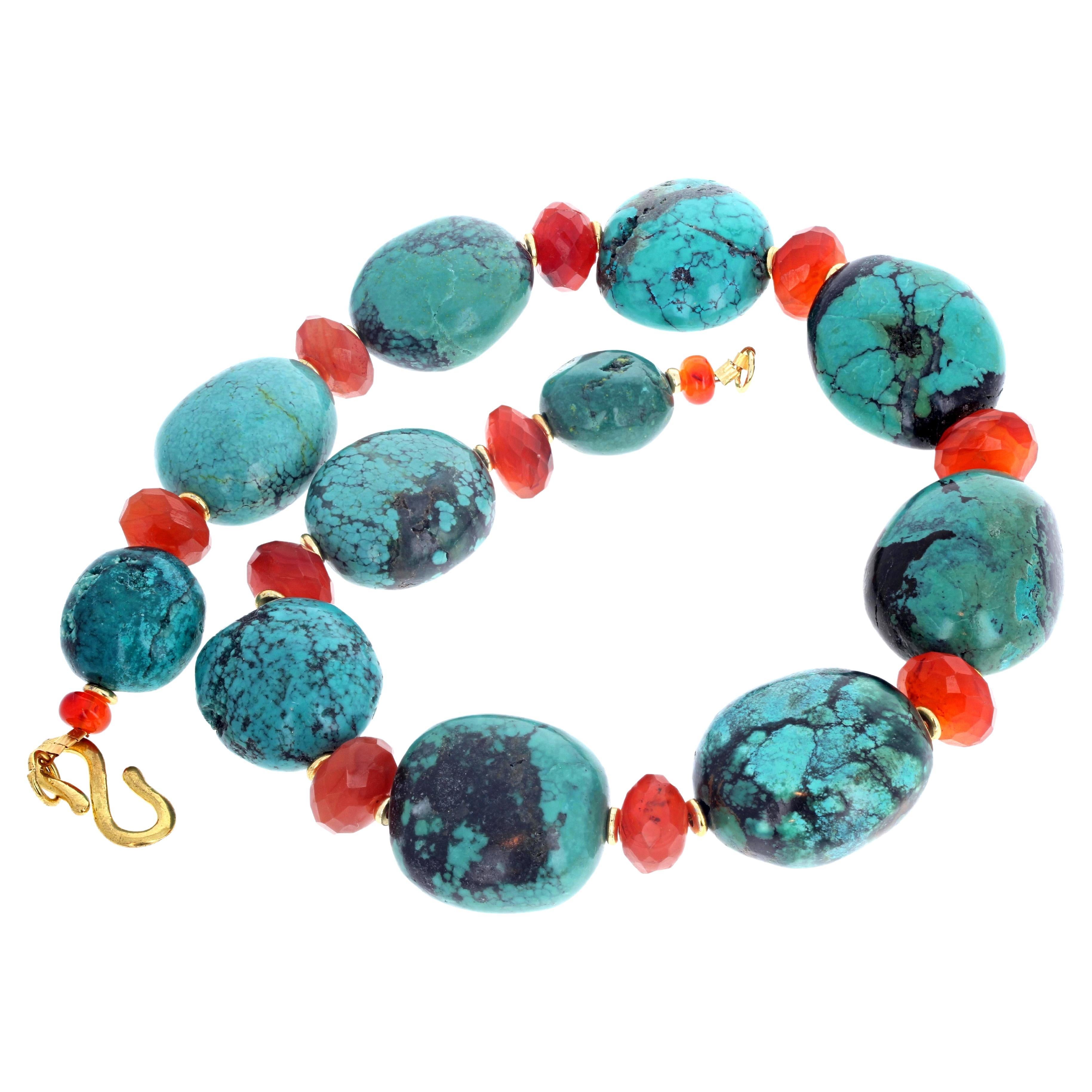 AJD, collier de turquoises chinoises réelles et de cornalines brillantes