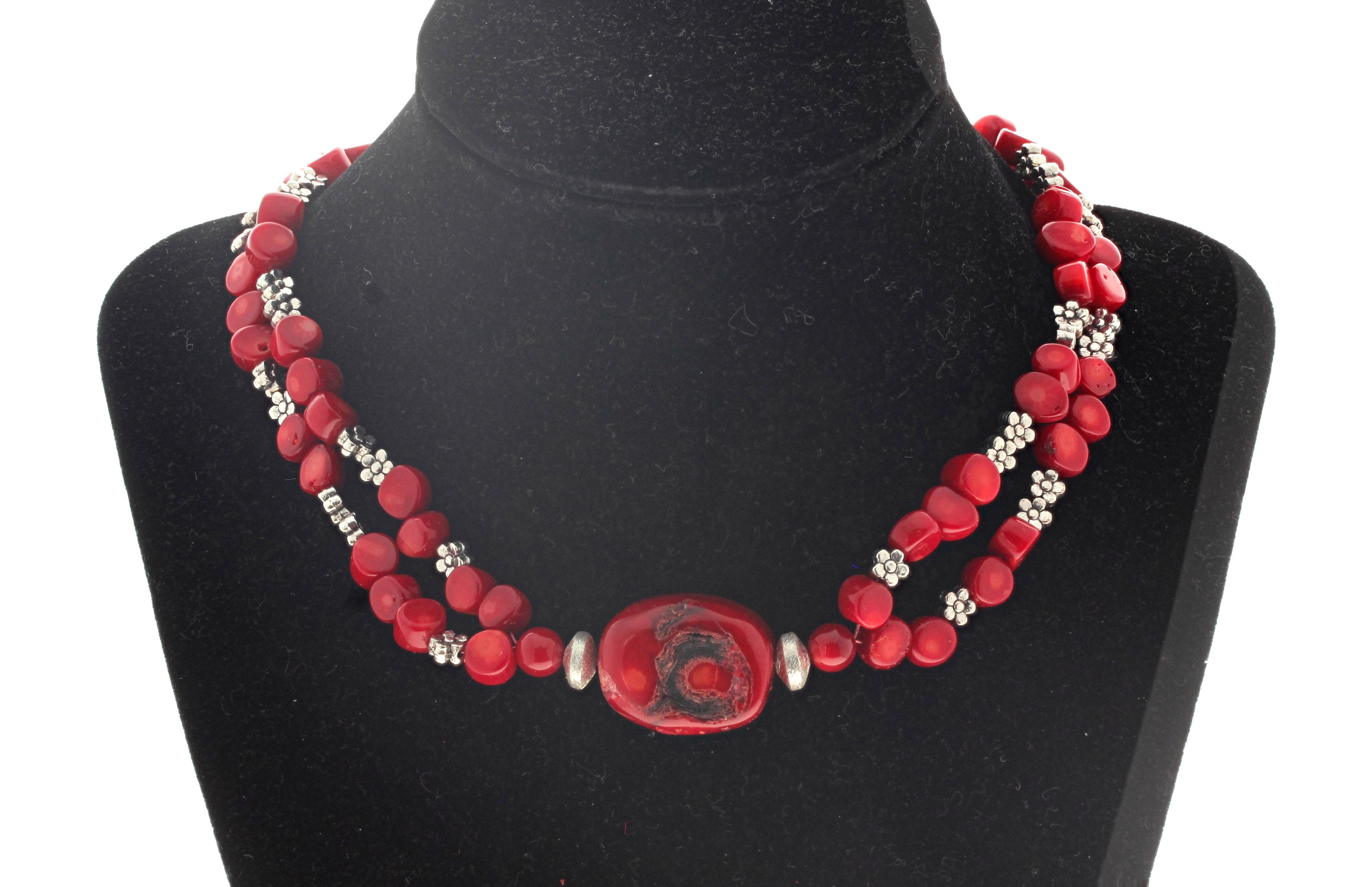 Mixed Cut AJD Natural Artistic Red Coral & Silver Flowers 15 1/2