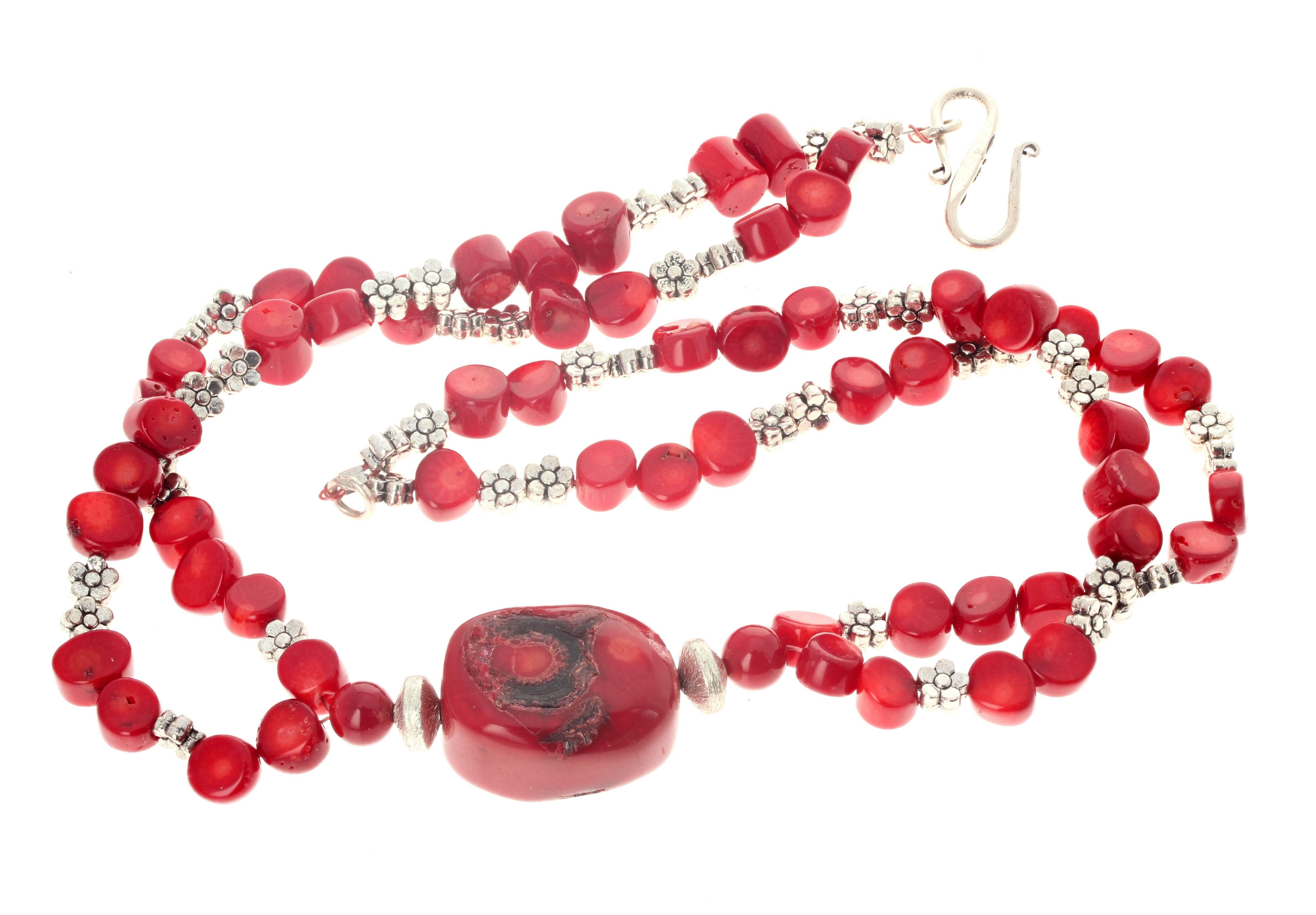 Women's or Men's AJD Natural Artistic Red Coral & Silver Flowers 15 1/2