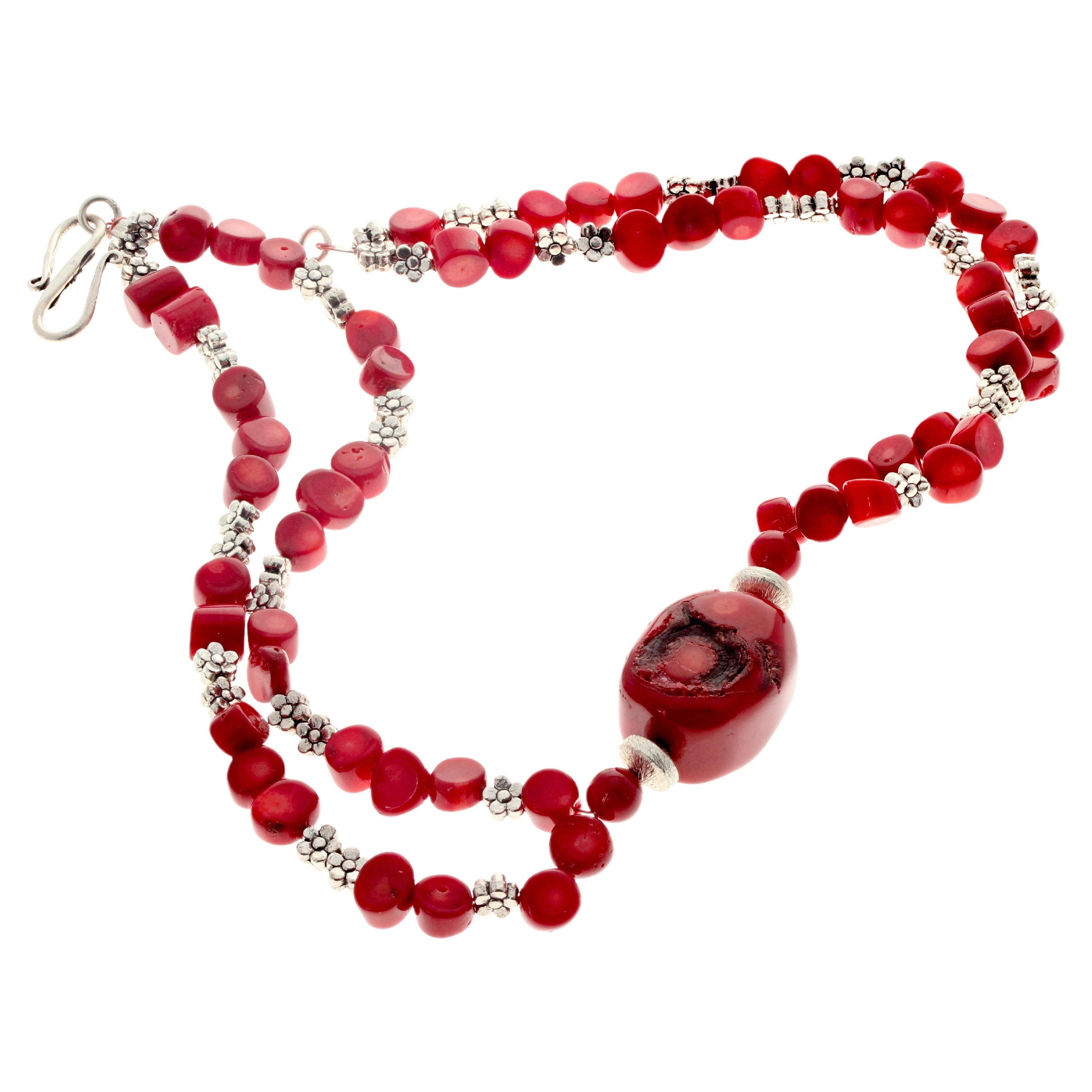 Please note that although this is a 15 1/2 inches long double strand necklace it is happy and elegant.  The center natural Red Coral is 25mm x 20mm.  The natural little Coral rondels are different sizes the largest ones being approximately 9mm.  The
