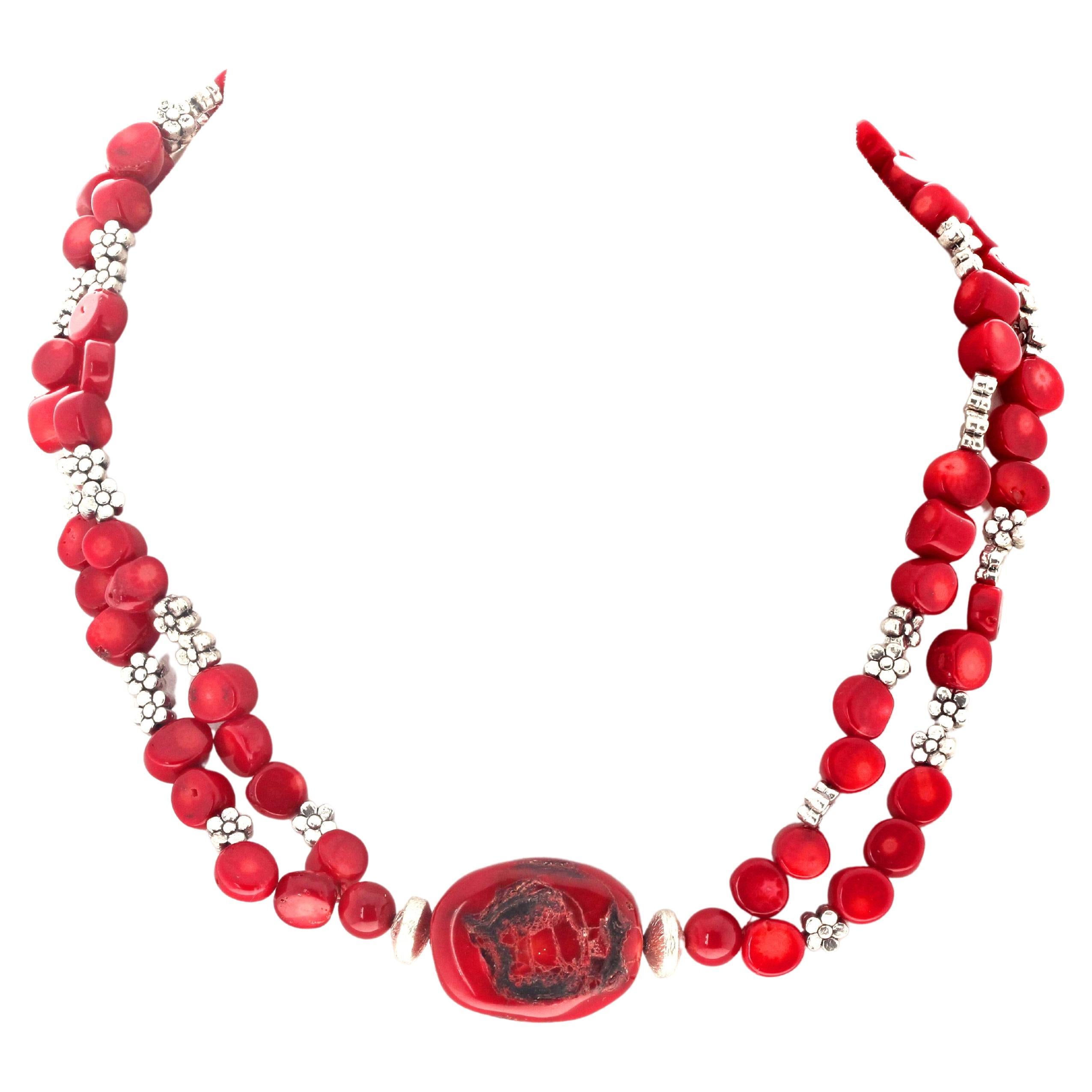 AJD Natural Artistic Red Coral & Silver Flowers 15 1/2" Double Strand Necklace For Sale