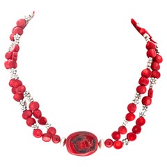 AJD Collana a doppio filo con fiori d'argento e corallo rosso artistico naturale da 15 1/2".