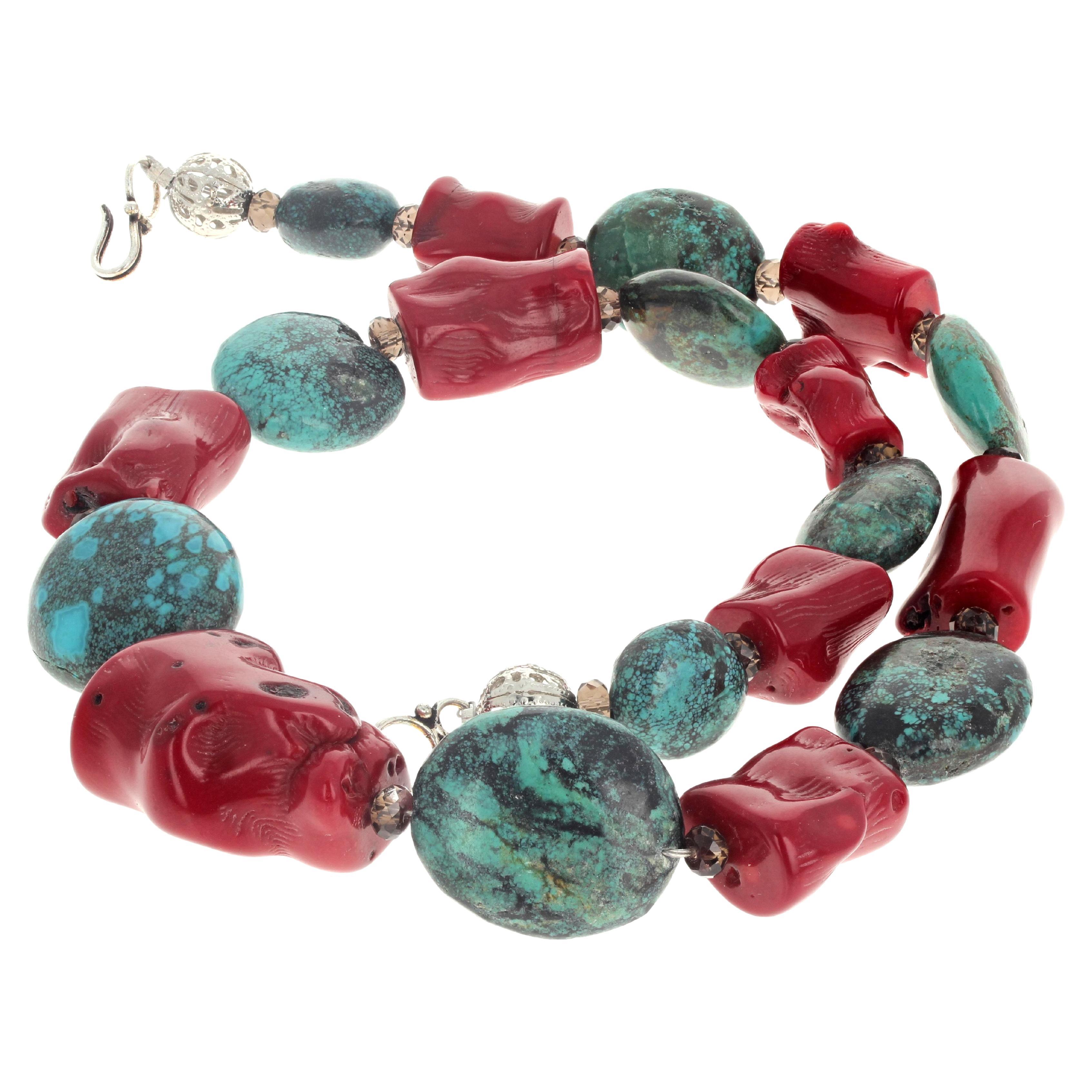 AJD Collier de turquoises naturelles et de corail de bambou naturel