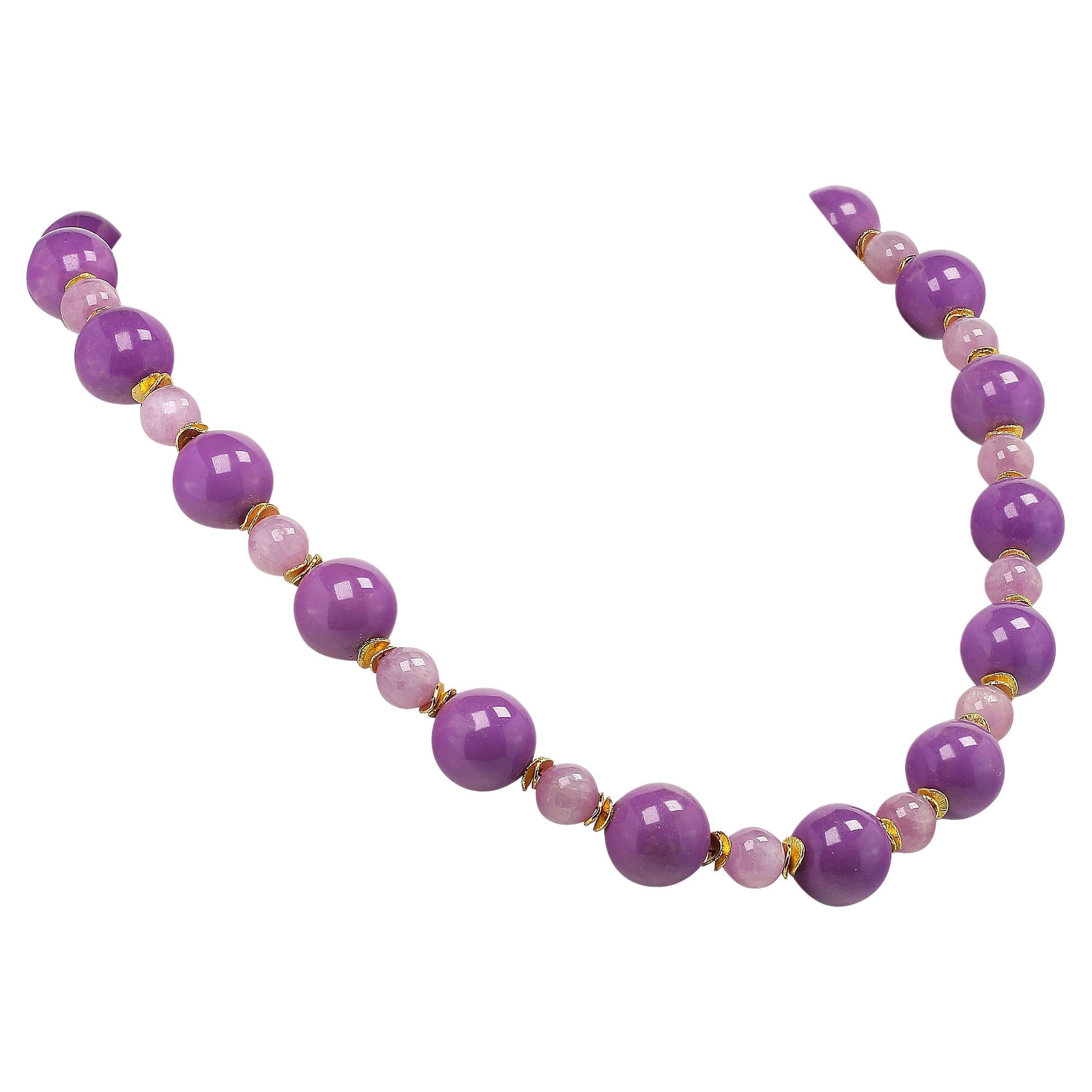 AJD Necklace of Mauve Phosphosiderite and Kunzite Beads with Gold Accents