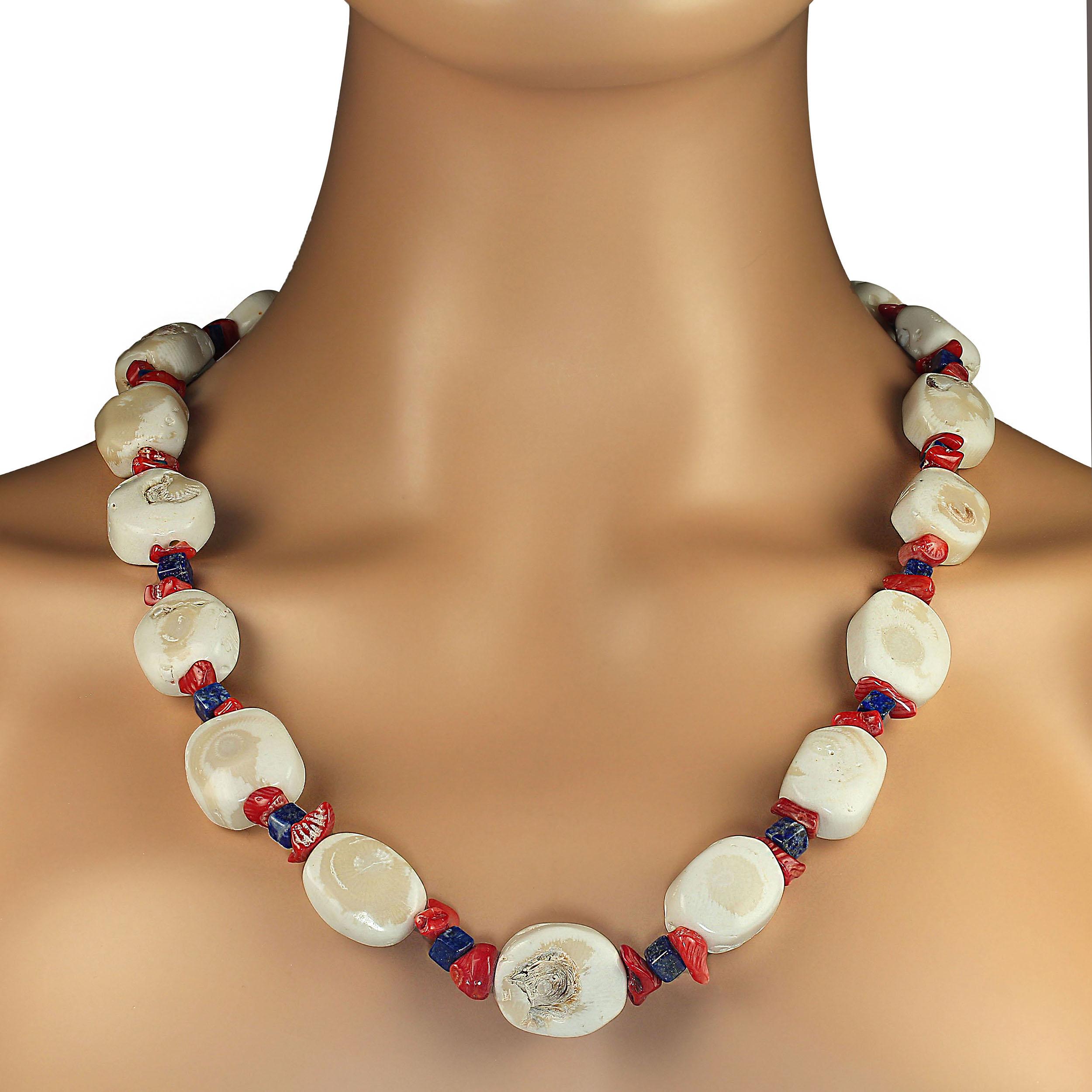 32 Inch patriotic necklace of white bamboo coral nuggets, chips of polished red bamboo coral, and squares of polished blue lapis lazuli.  How much more patriotic can you be?  This unique 32-inch necklace is just the thing for spring and summer. It