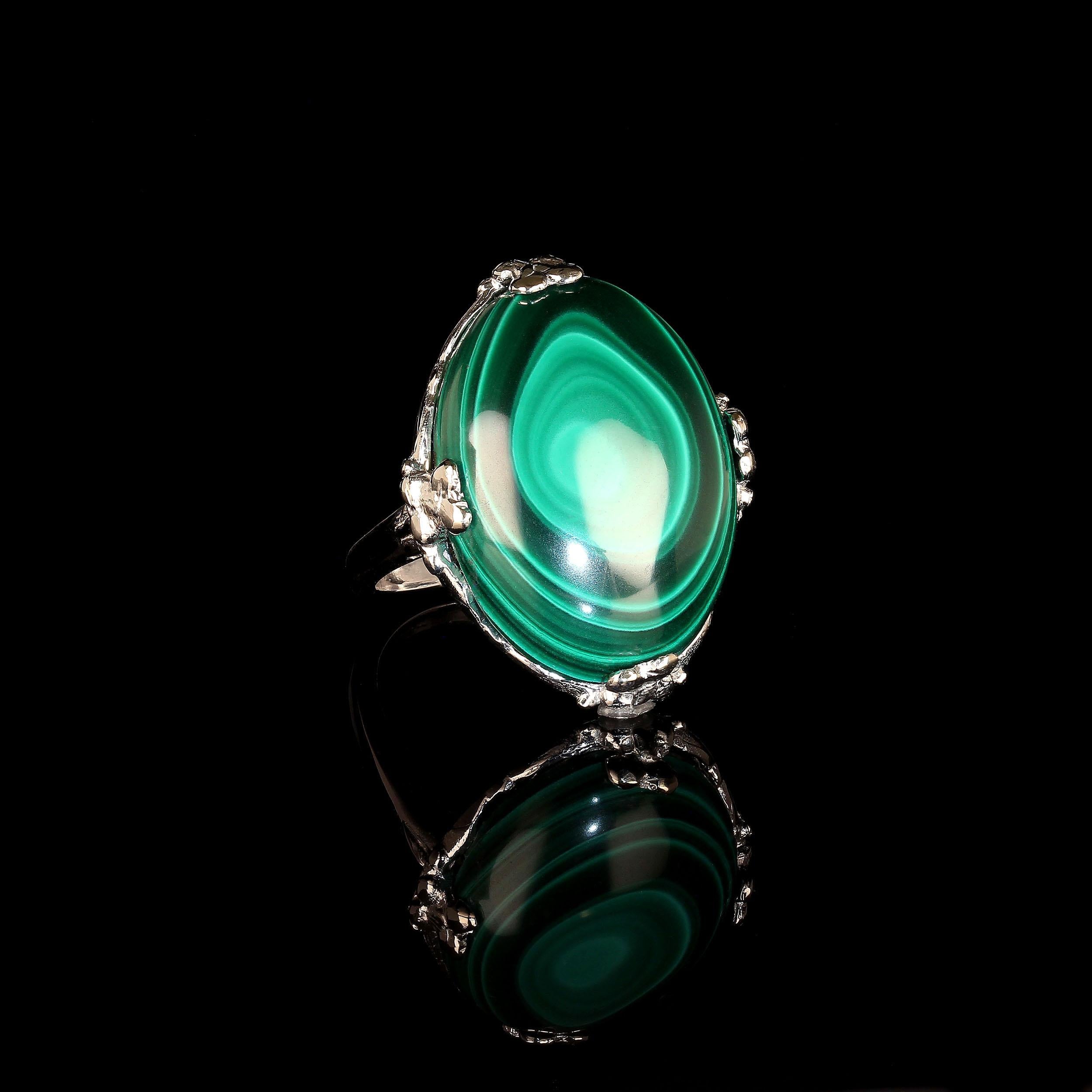 Artisan AJD Oval Malachite Cabochon in Handmade 14K White Gold Ring For Sale