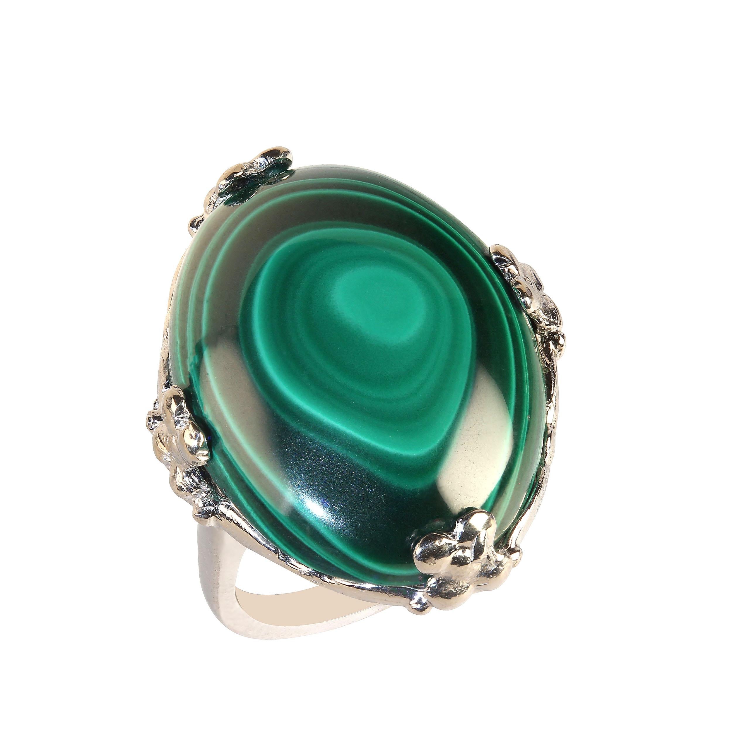 AJD Oval Malachite Cabochon in Handmade 14K White Gold Ring For Sale 1