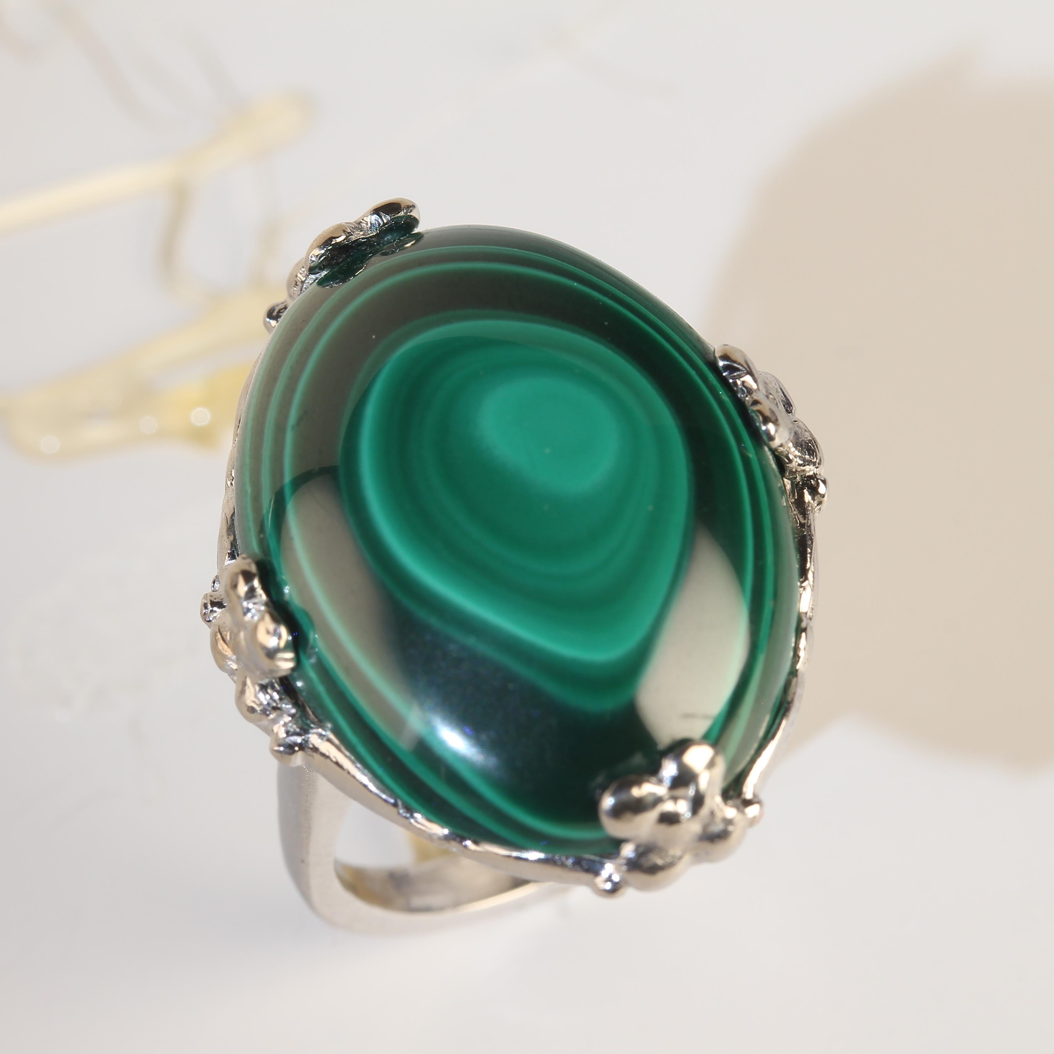 AJD Oval Malachite Cabochon in Handmade 14K White Gold Ring In New Condition For Sale In Raleigh, NC