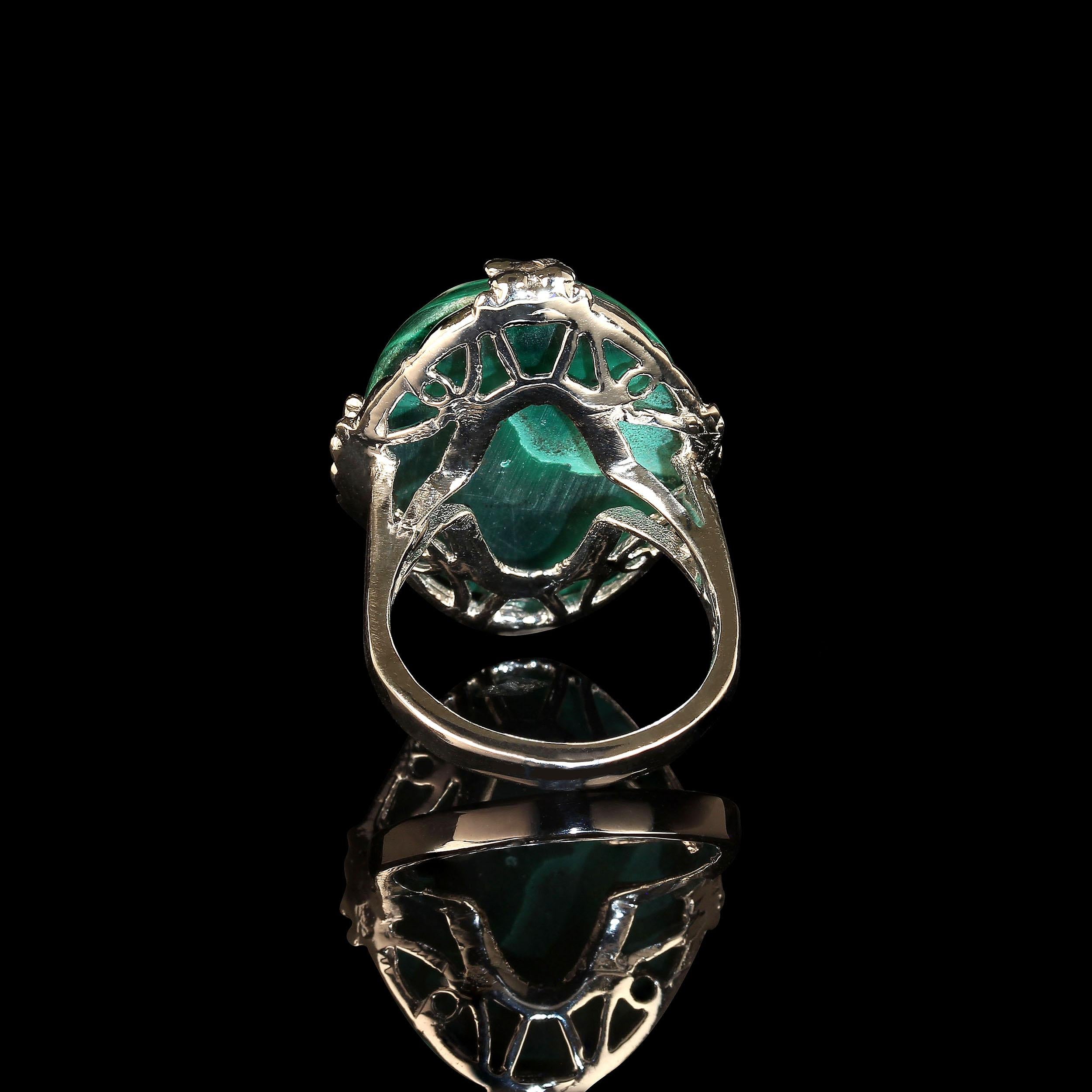 AJD Oval Malachite Cabochon in Handmade 14K White Gold Ring For Sale 2