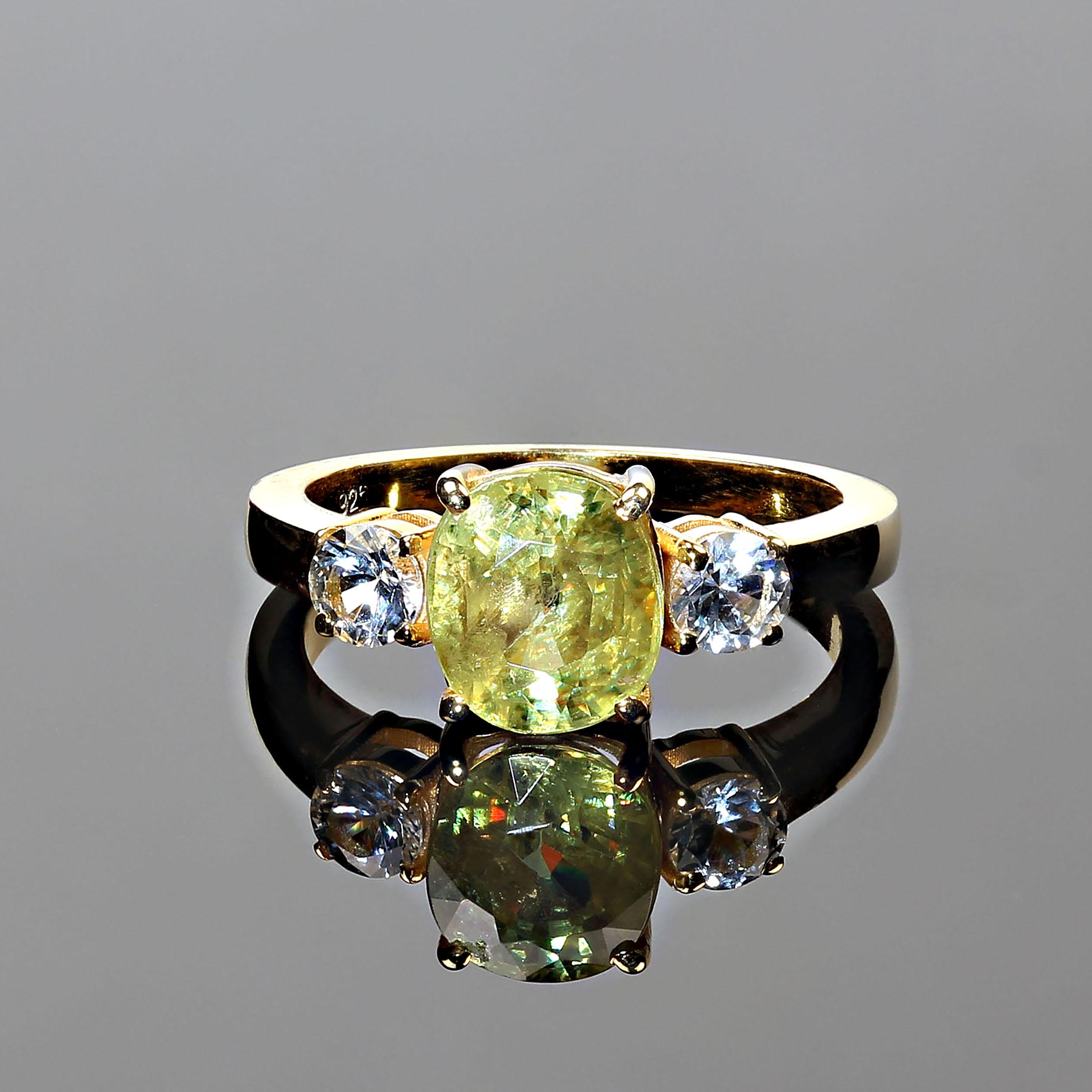 Artisan AJD Oval Sphene Accented with White Sapphires in Gold and Sterling Silver Ring For Sale