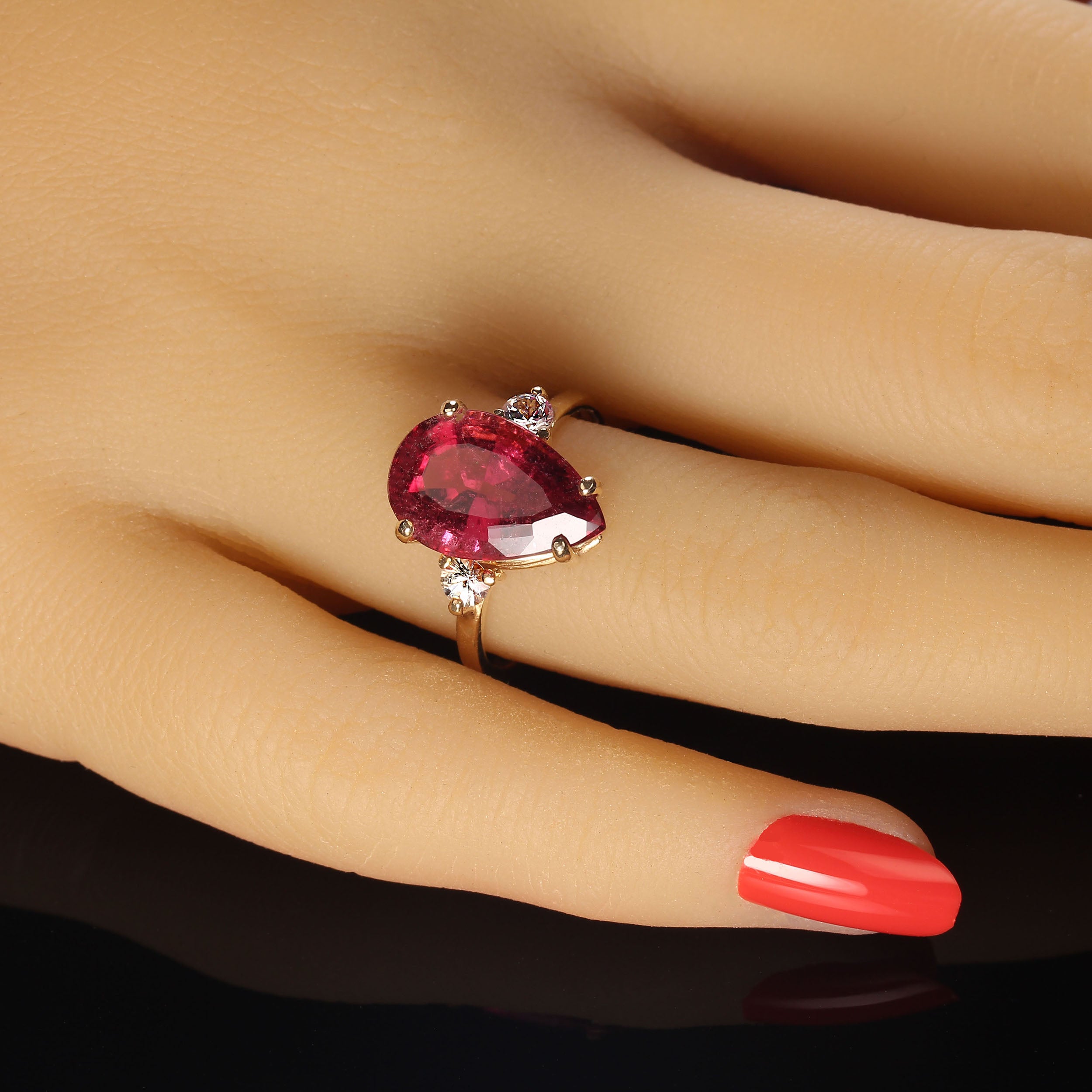 AJD Pear Shape Rubelite & White Sapphires in Gold Ring For Sale