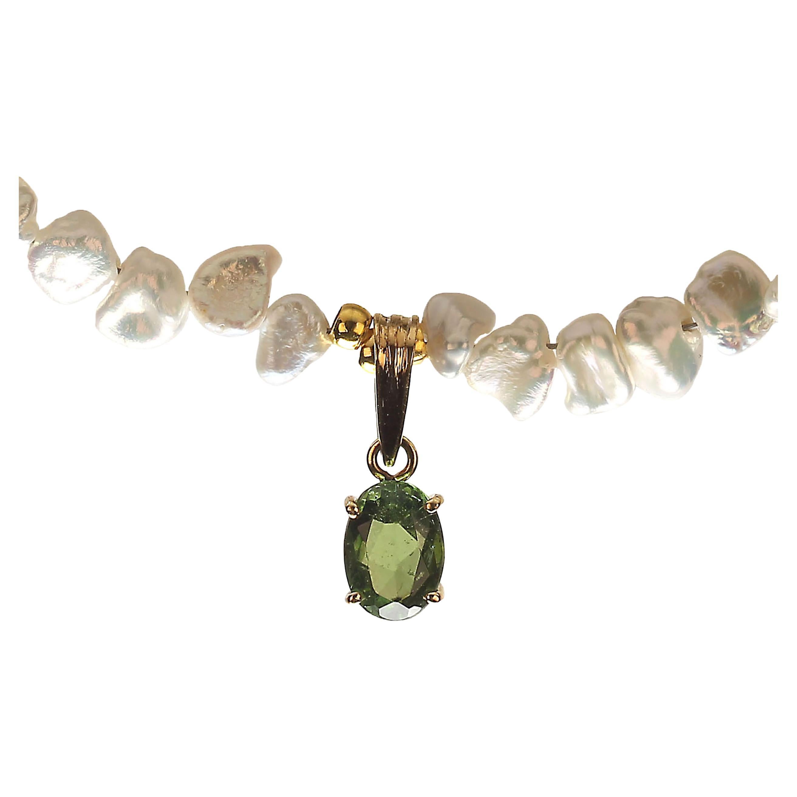 Artisan AJD Pearl Necklace with Green Tourmaline Pendant