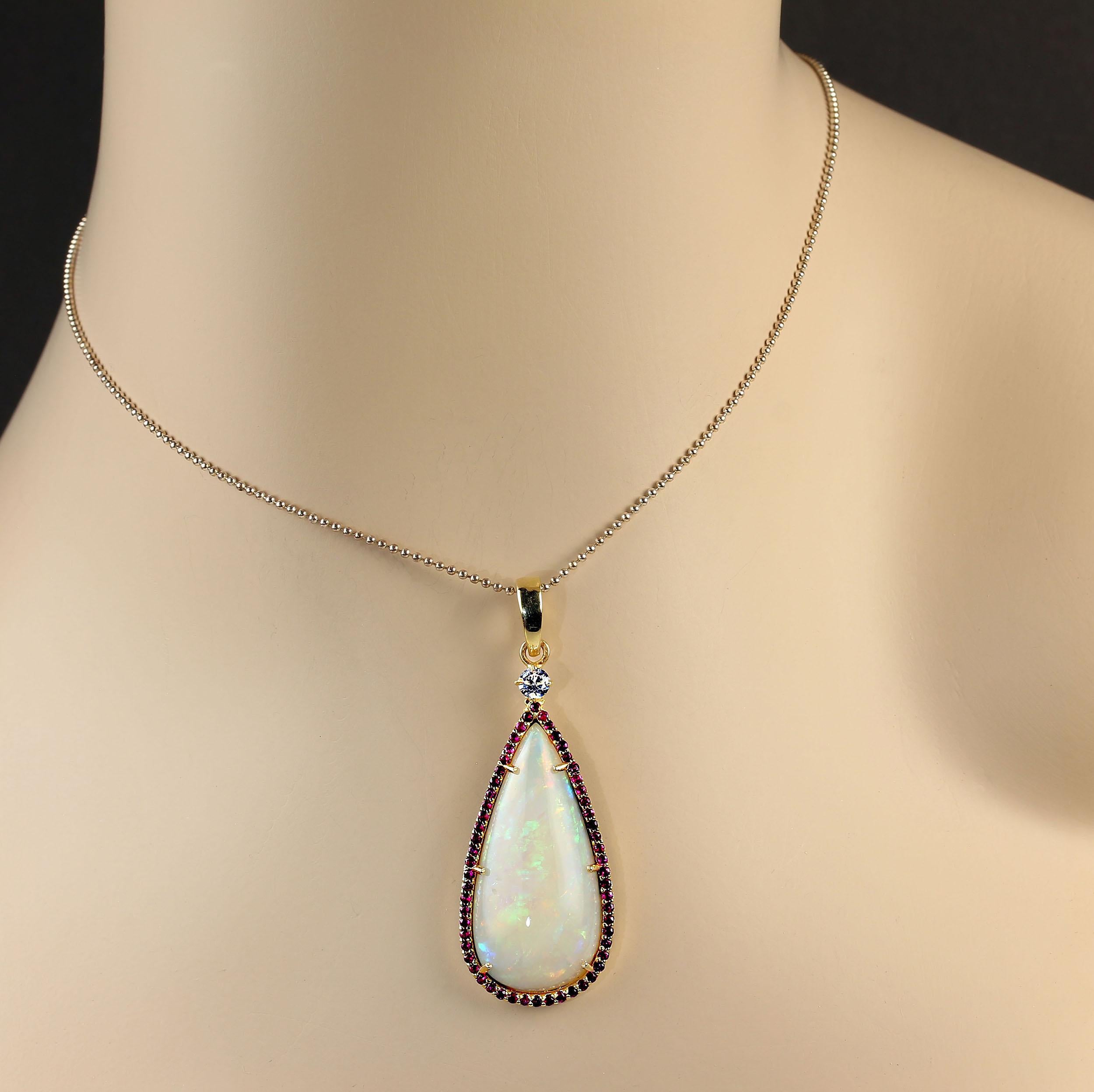 Artisan AJD Pendant of Magnificent Teardrop Opal Flashing Red & Green Surrounded by Ruby For Sale