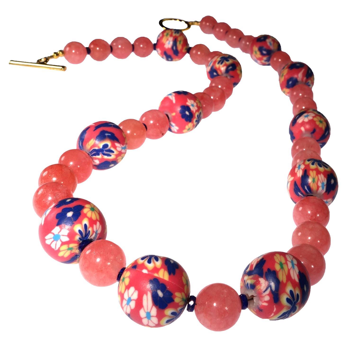 Artisan AJD Perfect Spring / Summer Necklace in Pink Agate and Fun Chinese Beads For Sale