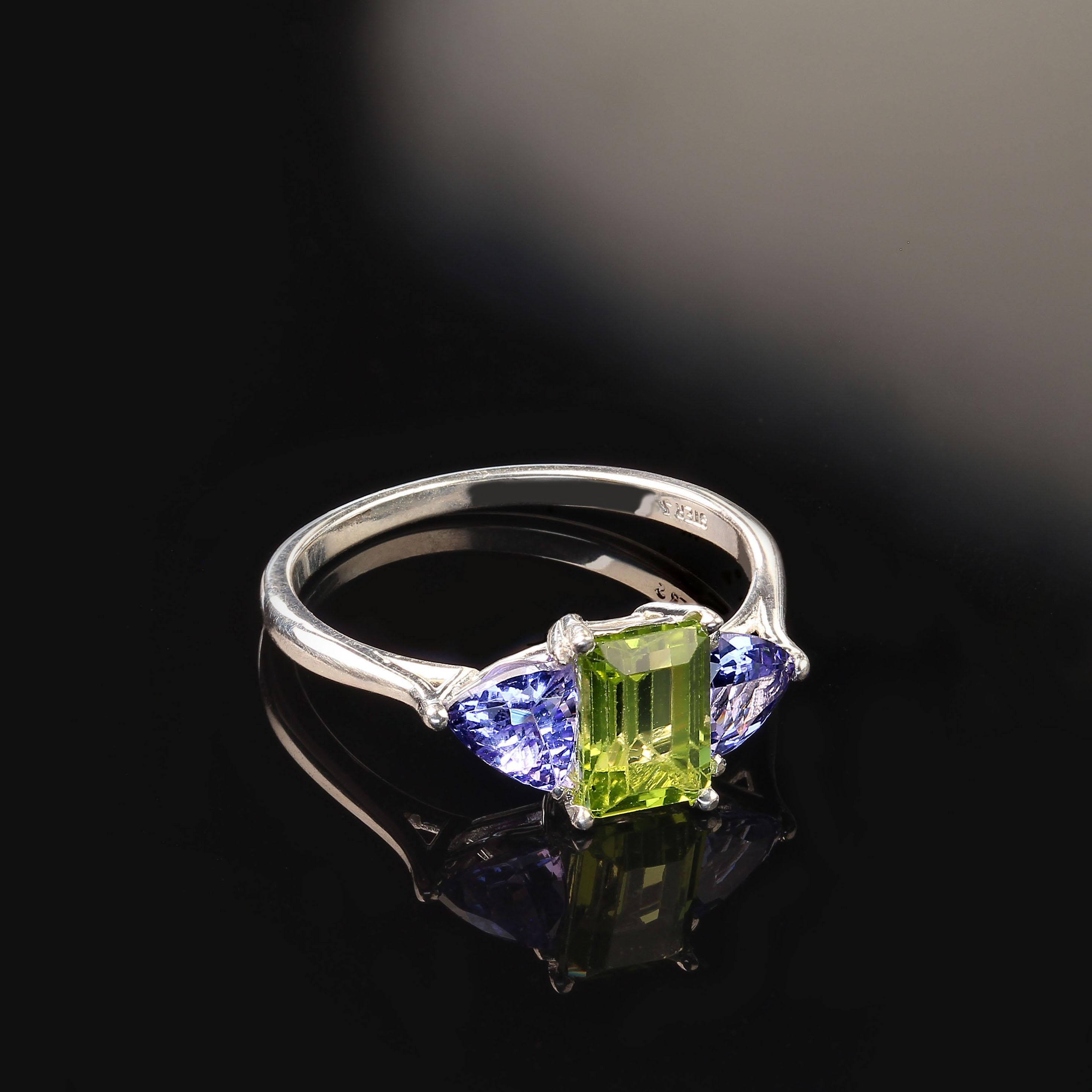 Emerald Cut AJD Peridot and Tanzanite Sterling Silver Ring For Sale