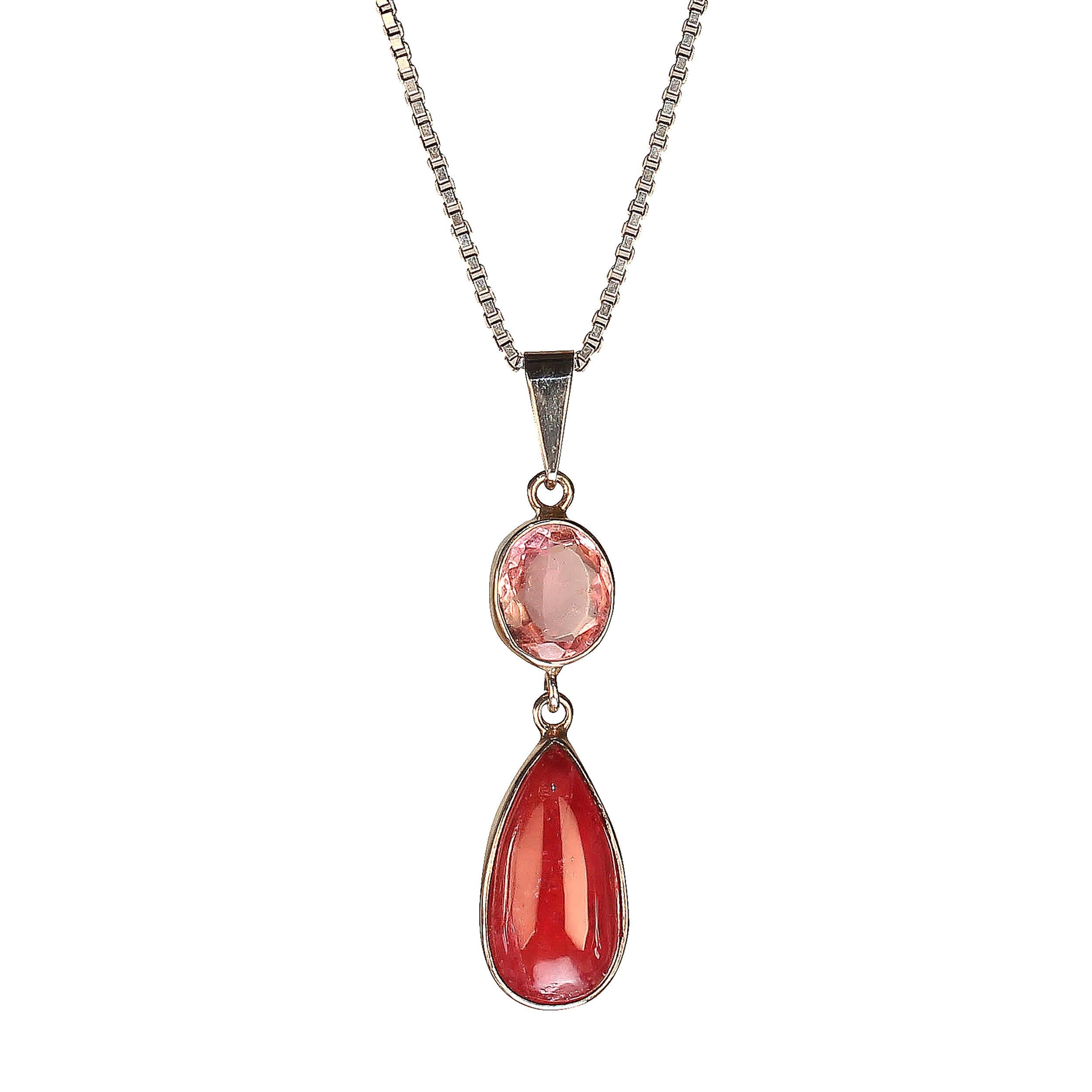 Oval Cut AJD Pink and More Pink Brazilian Rhodonite and Tourmaline in Sterling Pendant For Sale