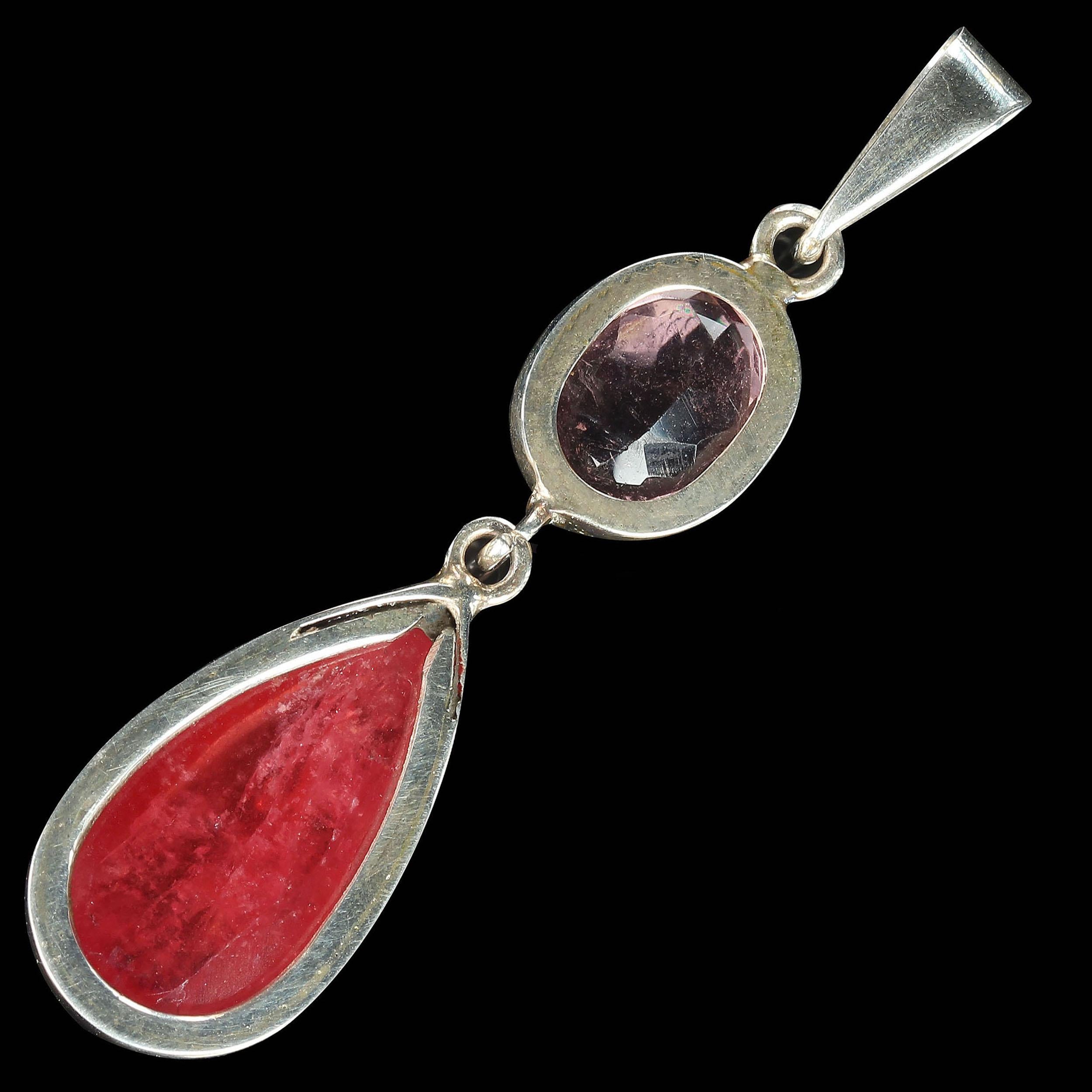 AJD Pink and More Pink Brazilian Rhodonite and Tourmaline in Sterling Pendant For Sale 1