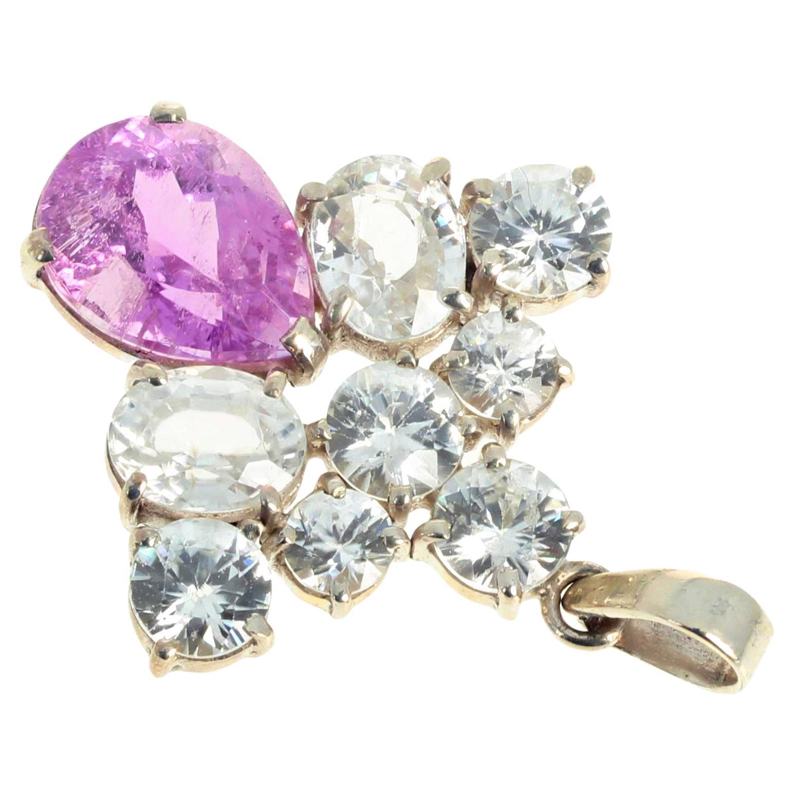 Colgante AJD de plata de ley con kunzita rosa y topacio blanco auténtico intensamente brillante Corte mixto en venta