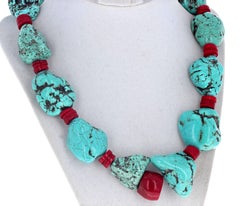 AJD Statement Chunks of Real Turquoise with Real Natural Red Coral 22" Necklace