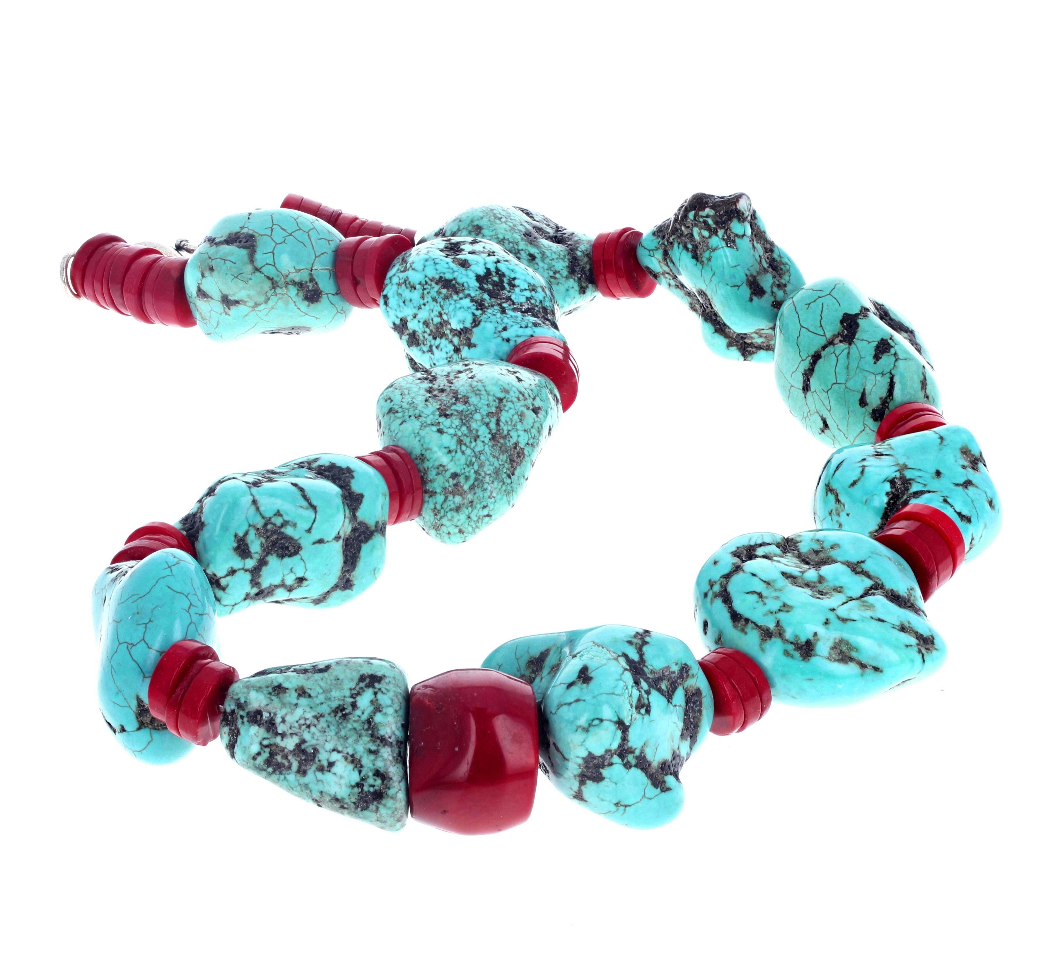 Women's or Men's AJD Statement Chunks of Real Turquoise with Real Natural Red Coral 22