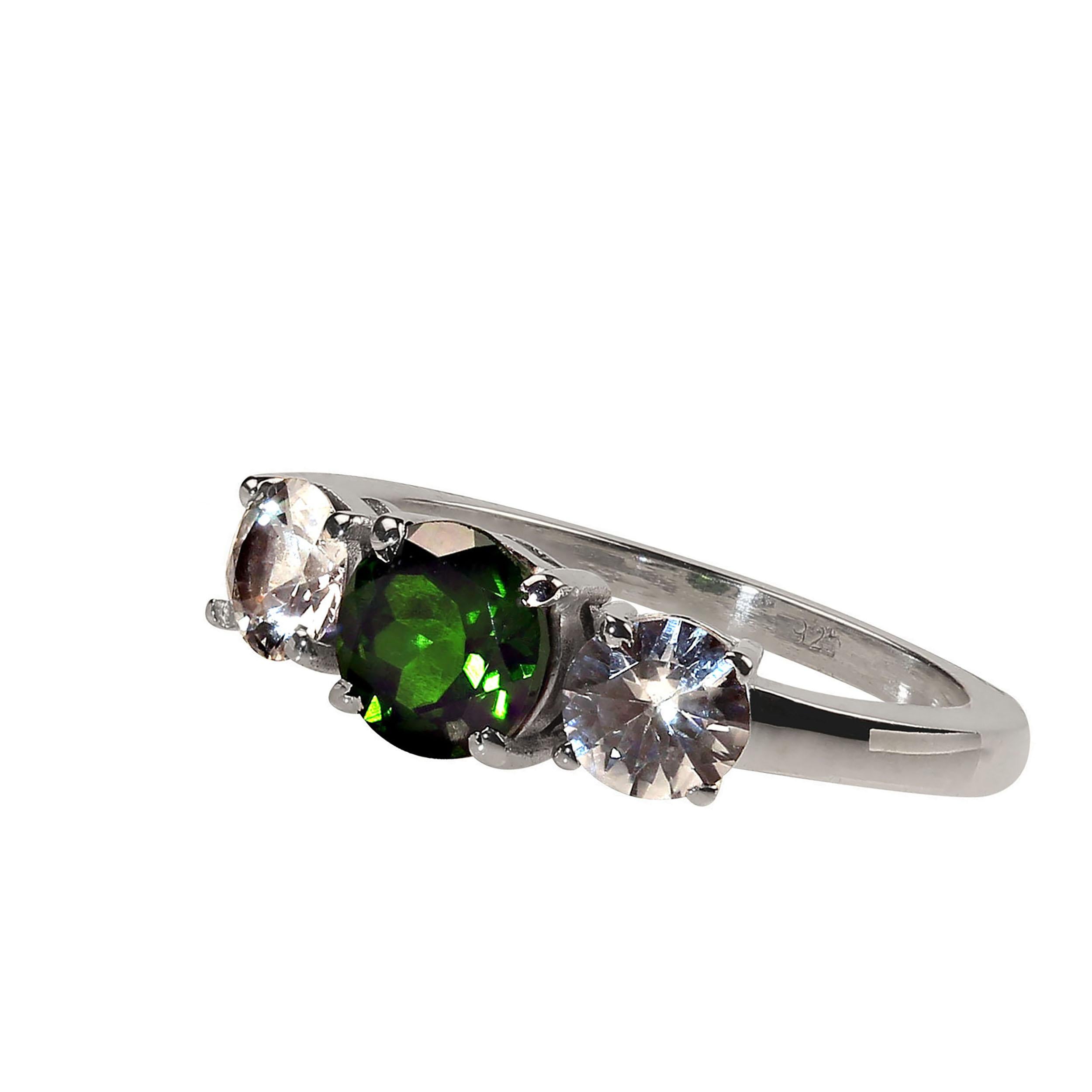 Round Cut AJD Rare Green Demantoid Garnet Accented by White Sapphires Ring For Sale