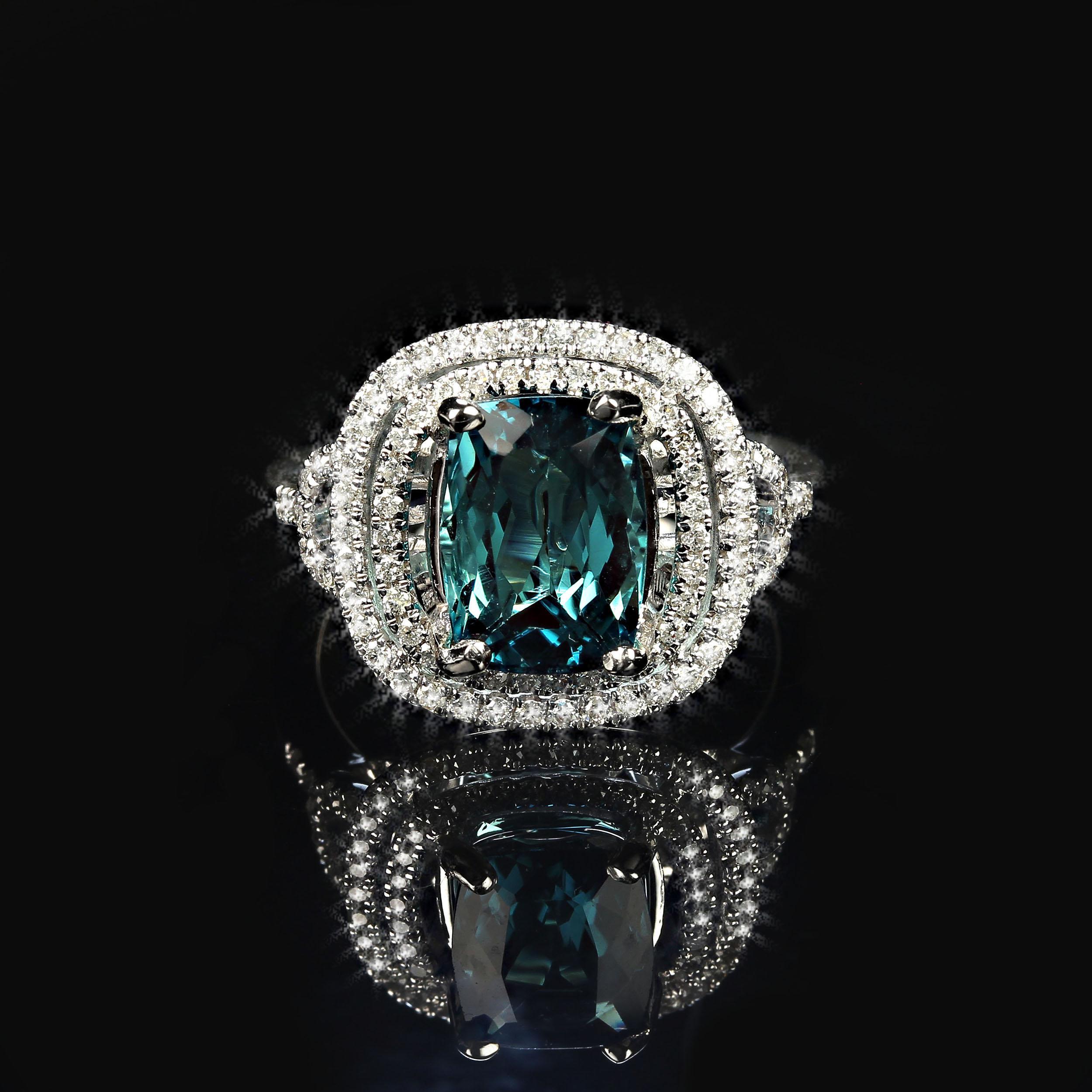 Artisan AJD Rare Indicolite Blue Tourmaline in Halos of Diamonds Ring For Sale