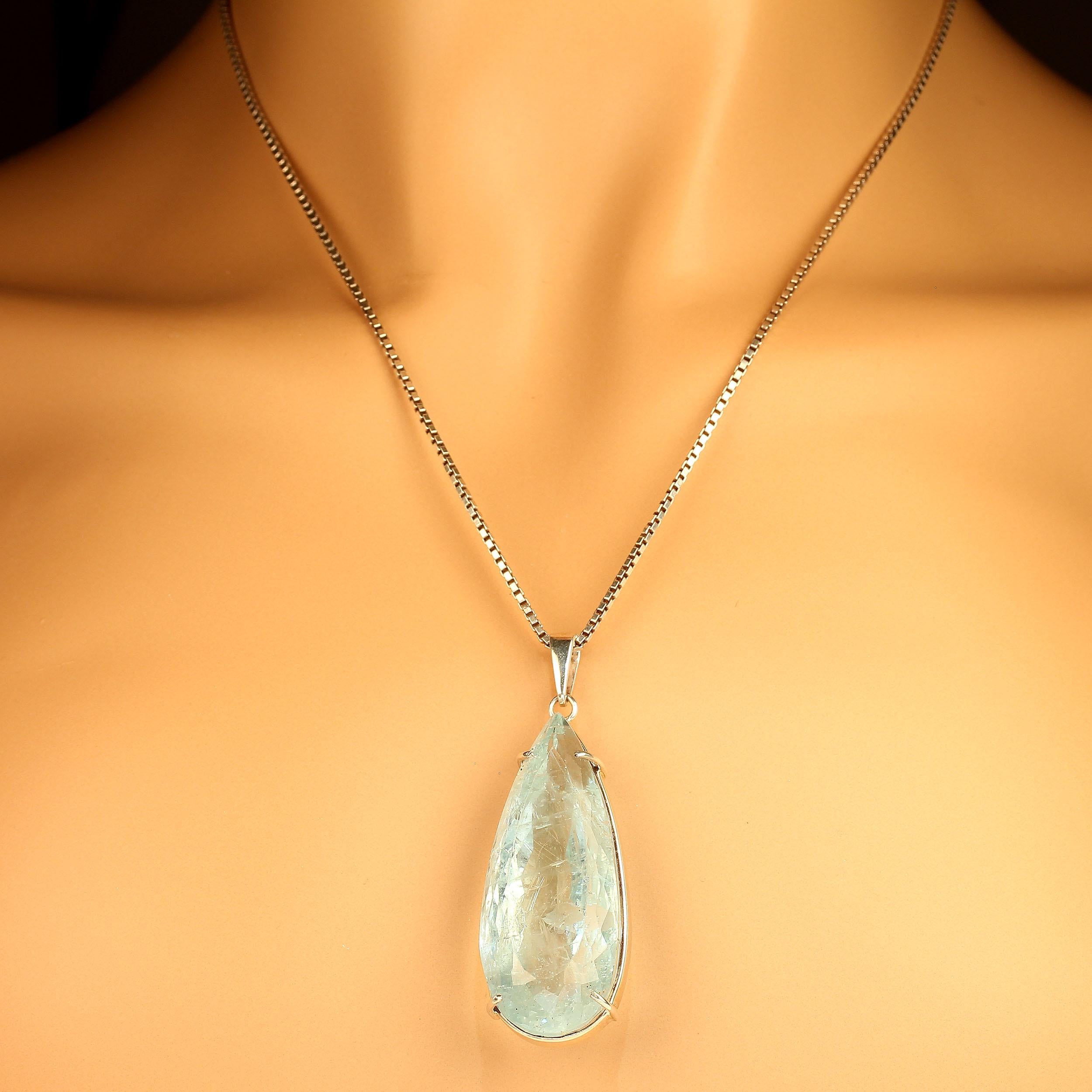 Rare long teardrop Aquamarine pendant for all you March babies. This bespoke pendant is an elegant example of Aquamarine beauty. At 90 carats this stunning Aquamarine is a rare find. And it is set in handmade Sterling Silver.  It is a lovely shade