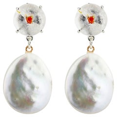 AJD Rare Natural Glittering Translucent Corundum Gems&Pearl Stud Silver Earrings