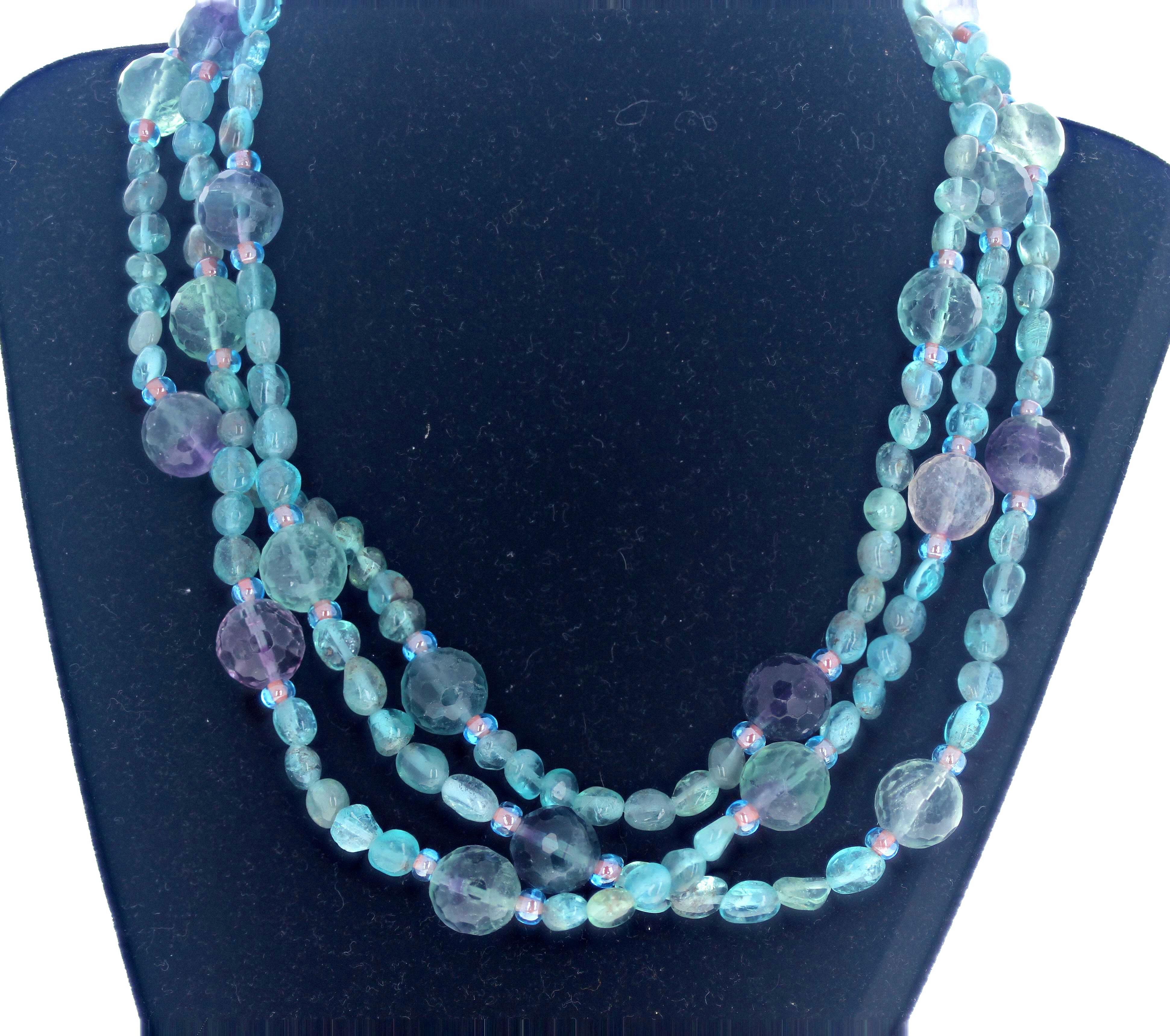Taglio misto AJD Bellissima collana a tre fili di apatite e fluorite reale da 17