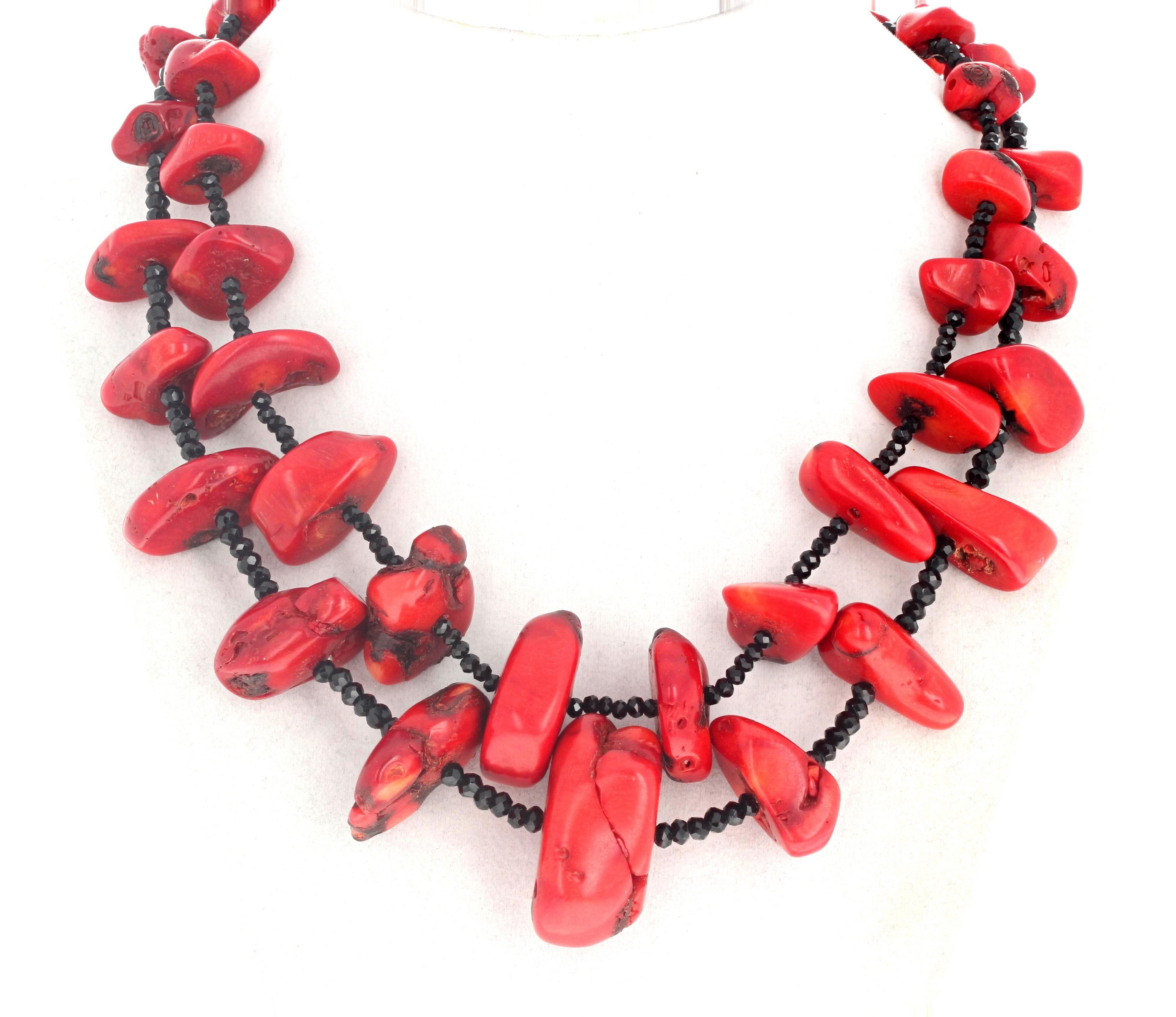 Mixed Cut AJD Real Coral Chunks & Real Gemcut Natural Sparkling Black Onyx Necklace For Sale