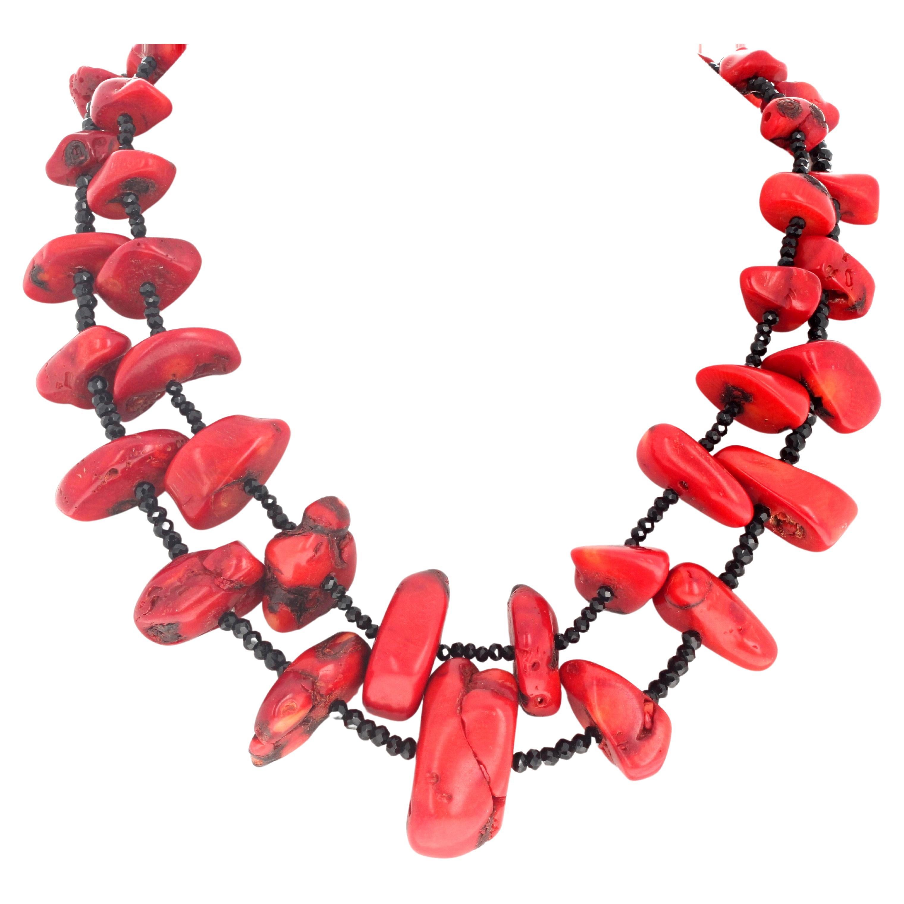 AJD Real Coral Chunks & Real Gemcut Natural Sparkling Black Onyx Necklace For Sale