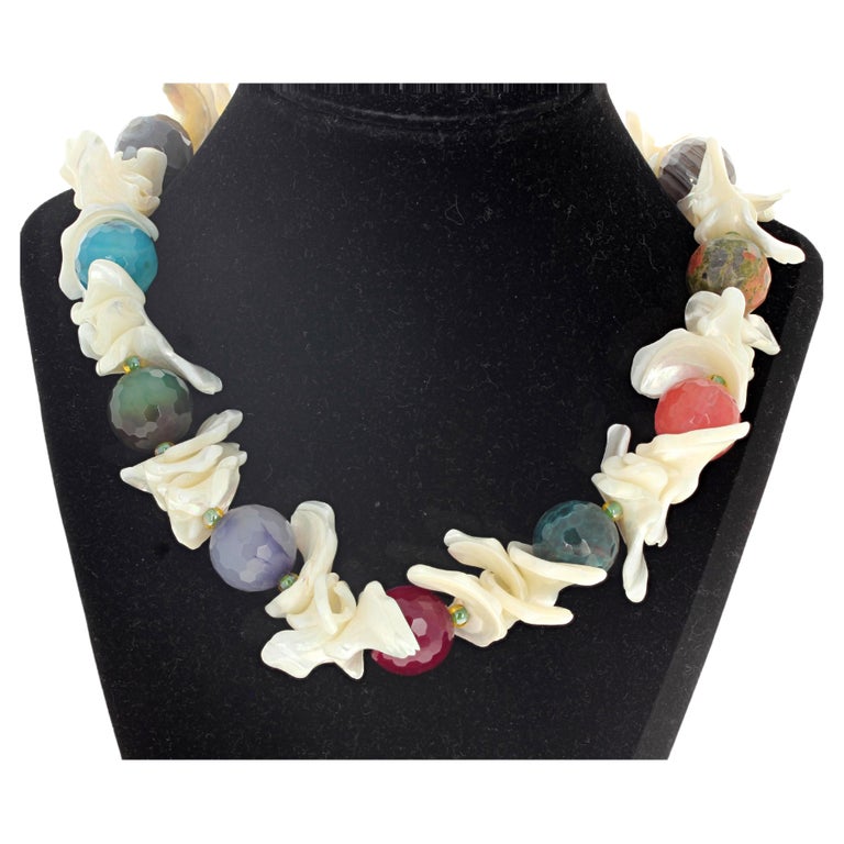 AJD Real Large Natural Gemstones and Pearl Shell Necklace For Sale at